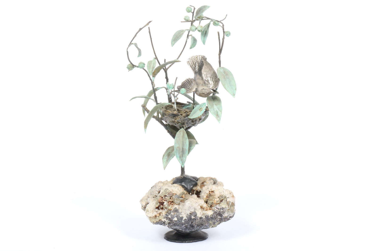 Gregory Higgins, American (20th Century), bird with nest in a tree sculpture on pyrite rock matrix (1 of 9)