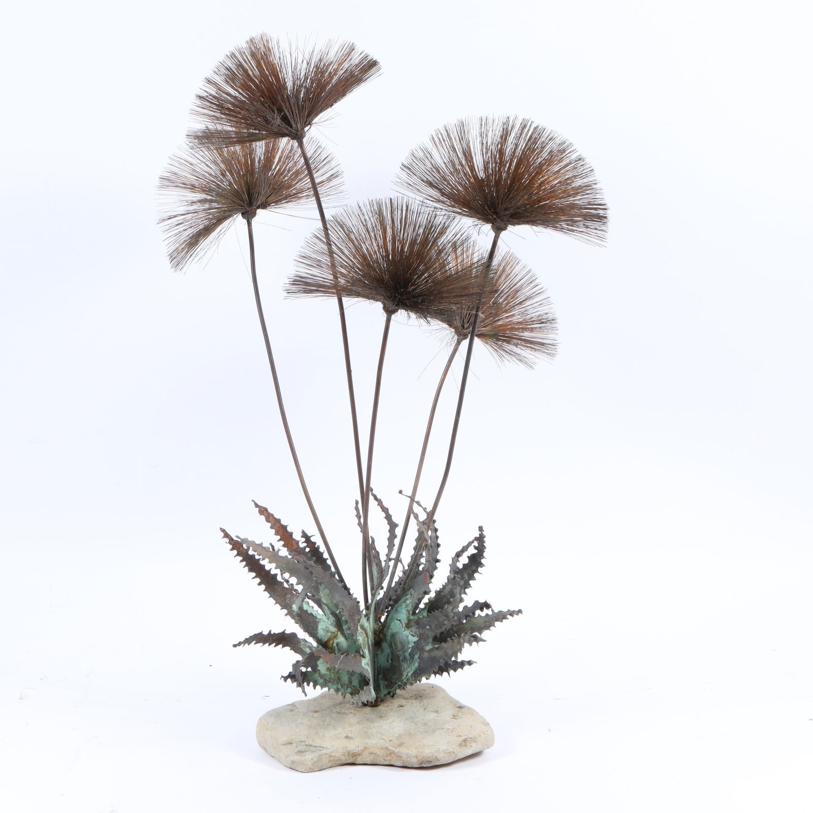John Steck "Desert Flowers" Mid-Century Modern Brutalist metal sculpture mounted to natural stone: John Steck "Desert Flowers" Mid-Century Modern Brutalist metal sculpture mounted to natural stone base 29"H x 17 1/2"W