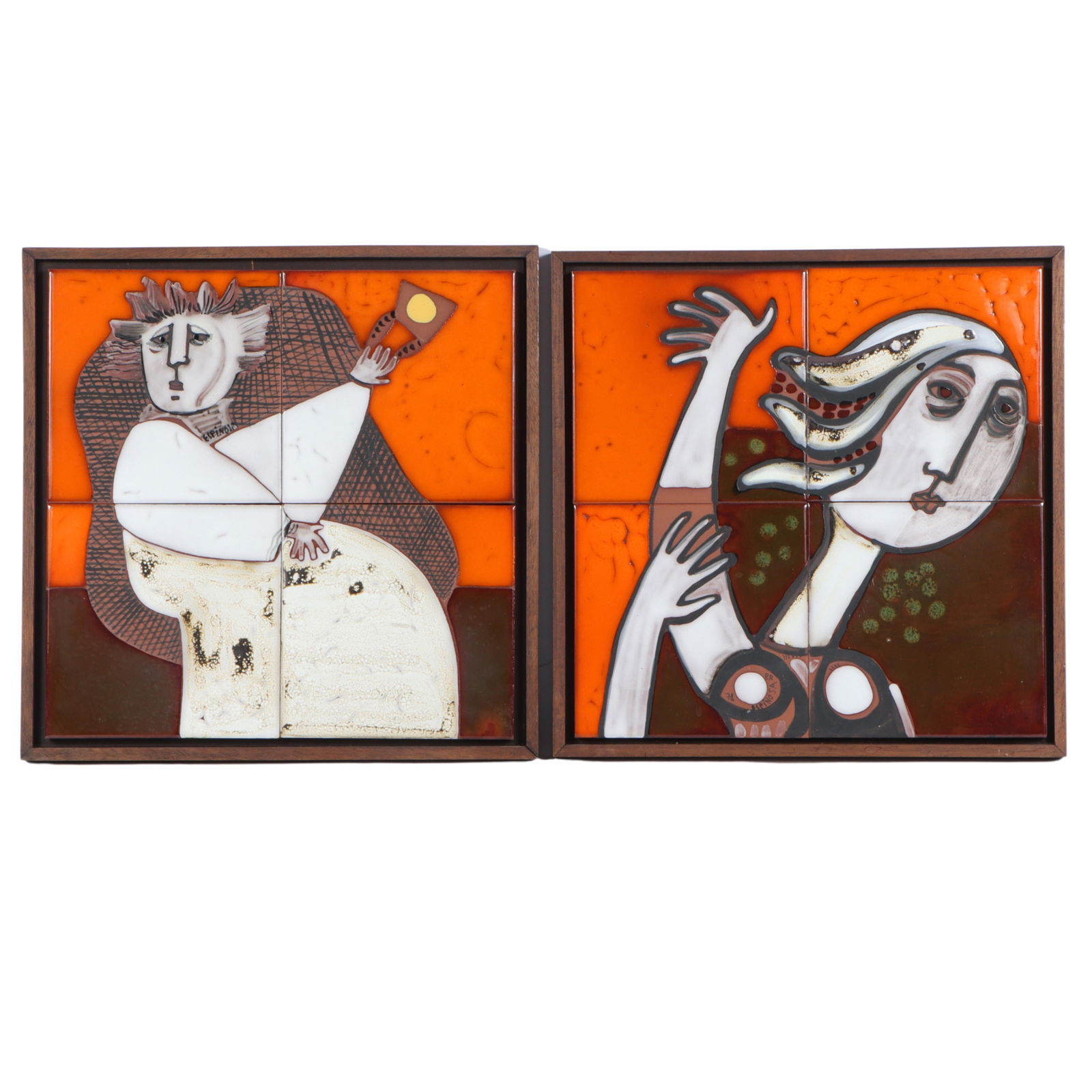 Susana Espinosa, Argentina (b.1933), abstract figures diptych; 1978, framed ceramic tile assemblage,: Susana Espinosa Argentina (b.1933) abstract figures diptych; 1978 framed ceramic tile assemblage both signed. Biography from the Archives of askART: Susana Espinosa is known for hand-built sculpture,