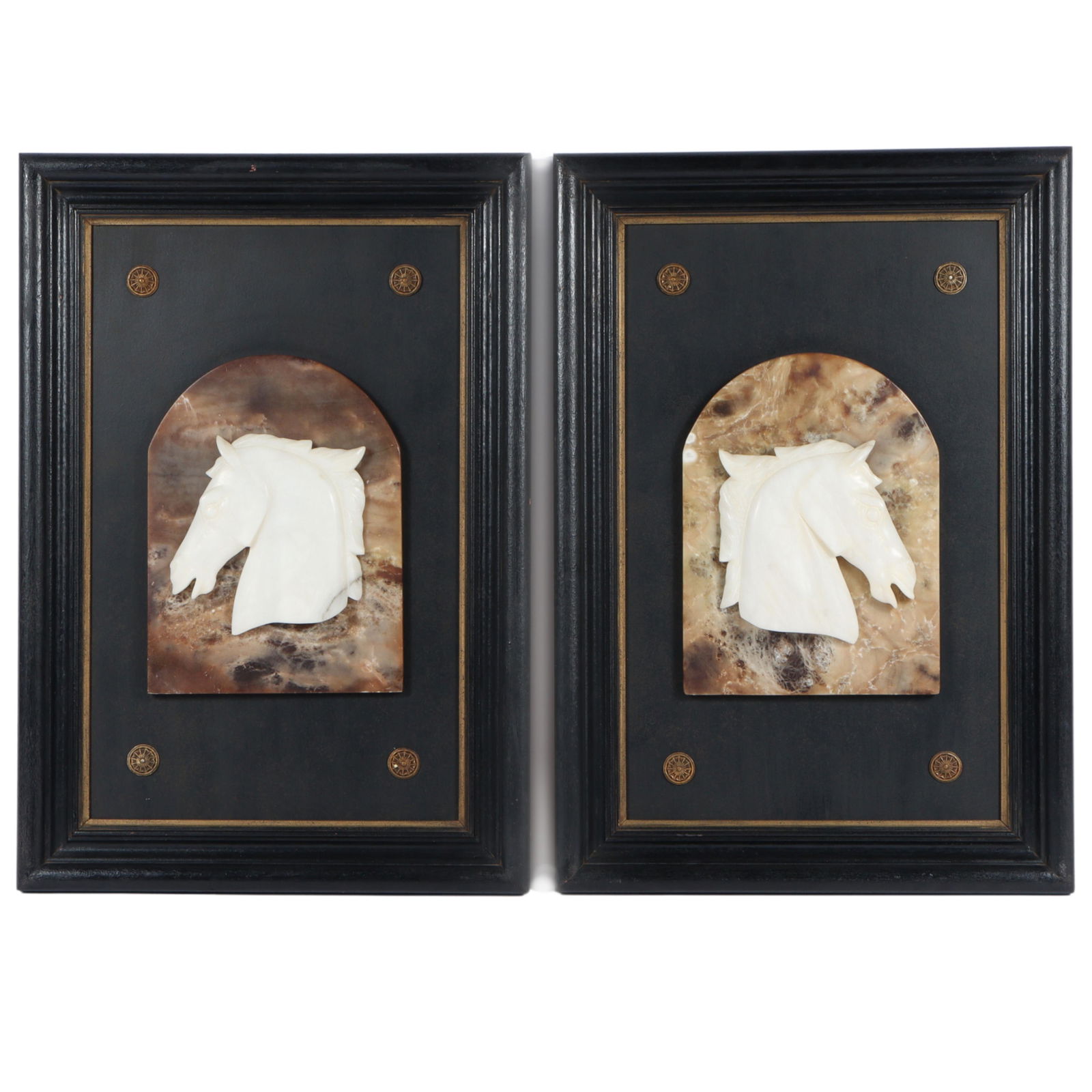 Pair Italian carved marble applied horse head relief plaques mounted in frames. 23"H x 16"W - one (1 of 9)