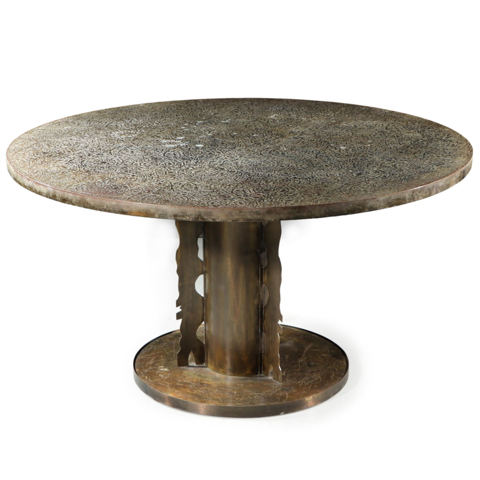 Philip and Kelvin Laverne 'Etruscan' Acid-Etched Bronze Dining Table Circa 1960s 26"H x 47 1/2"Diam. (1 of 12)