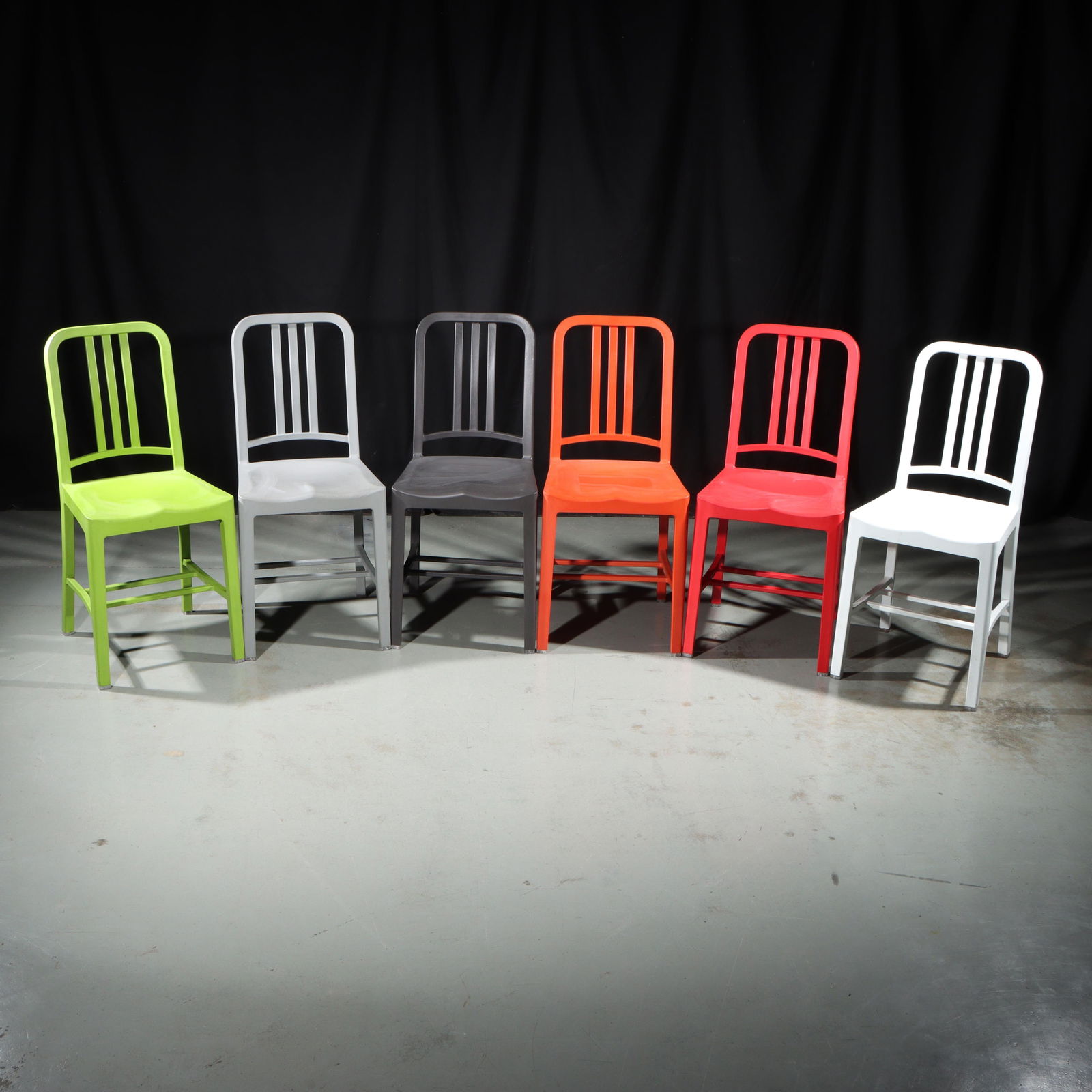 Set of six Emeco with Coca-Cola recycled Navy III limited edition chairs in colors. 34 1/2"H x 15 (1 of 13)
