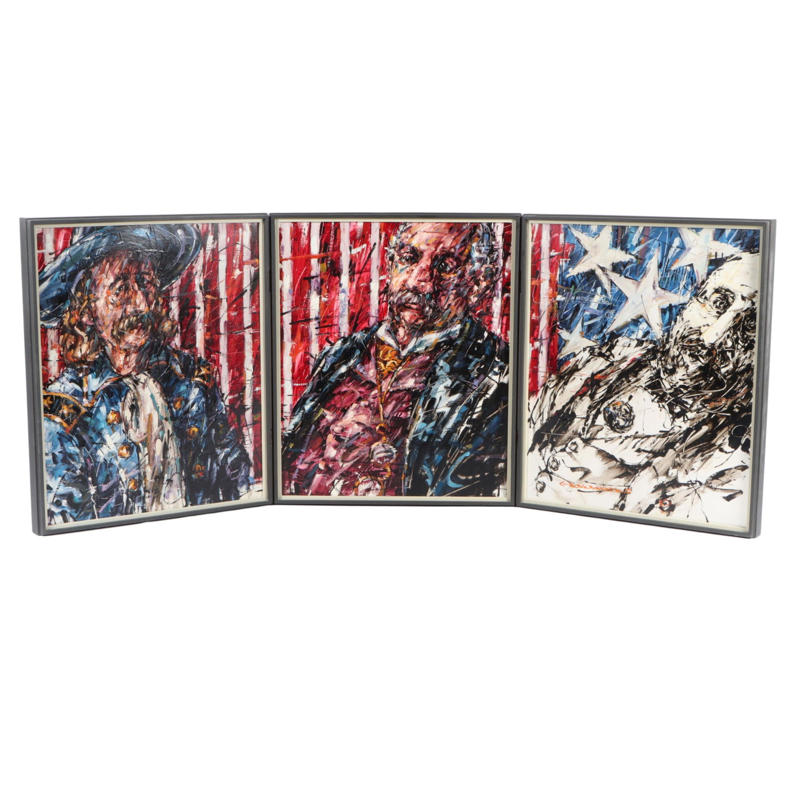 Dan Howard, American (1931 - 2024), American Hero (Custer, J.P. Morgan & Boss Tweed), 1968, oil on: Dan Howard American (1931 - 2024) American Hero (Custer, J.P. Morgan & Boss Tweed), 1968 oil on canvas triptych Signed and dated lower right, signed verso. Provenance: Solomon Jones Antiques, Indianap