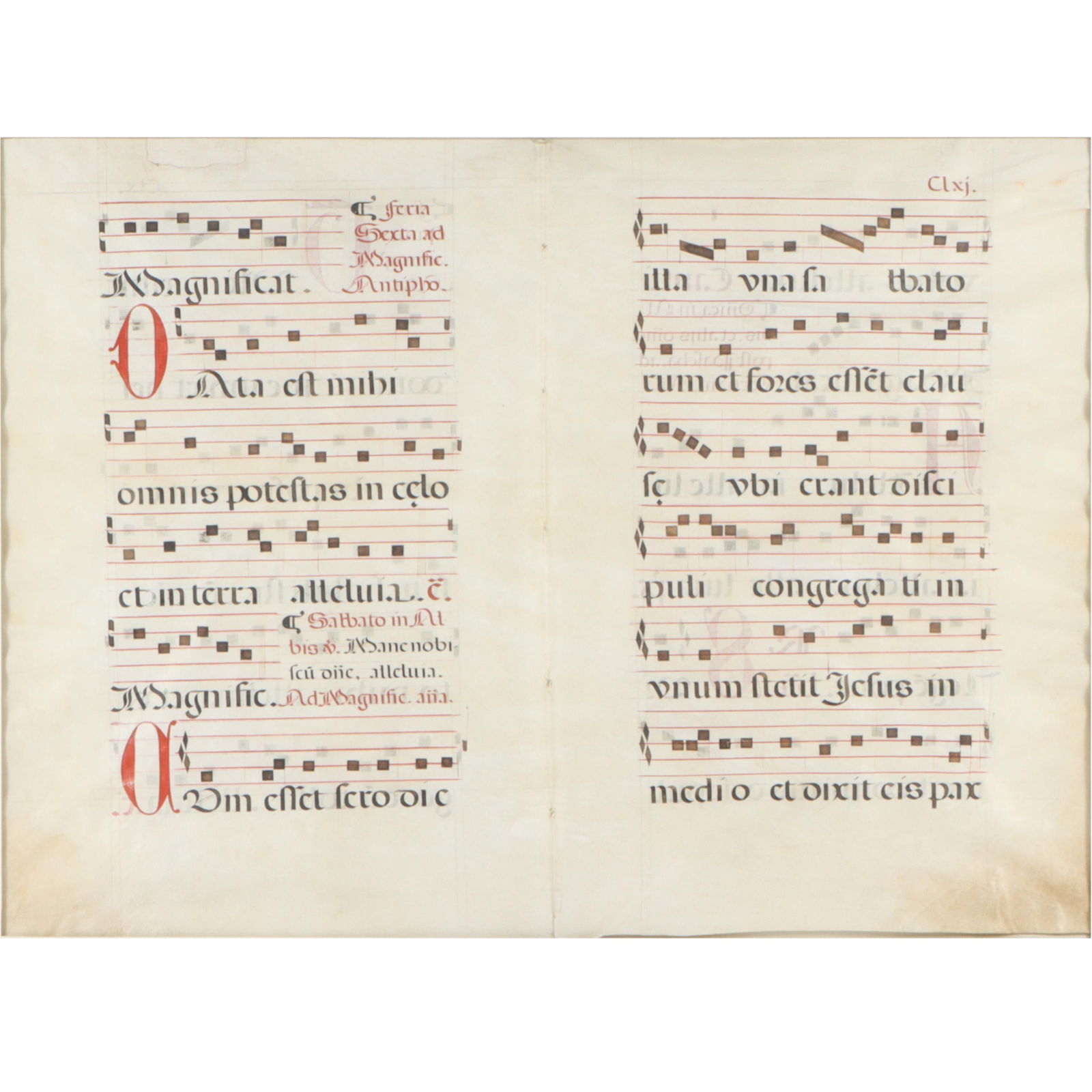 Illuminated manuscript leaf from an antiphonal featuring Gregorian chant music and Latin text on (1 of 16)