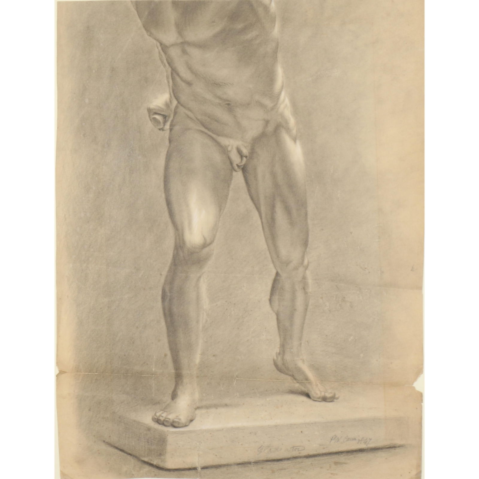 Unidentified atelier student P. Casin or Caron, France 19th century, Classical standing: Unidentified atelier student P. Casin or Caron France 19th century Classical standing hermaphrodite study / Gladiator, 1849 charcoal and chalk on paper Signed Phil Casin and dated 1849 lower right. La