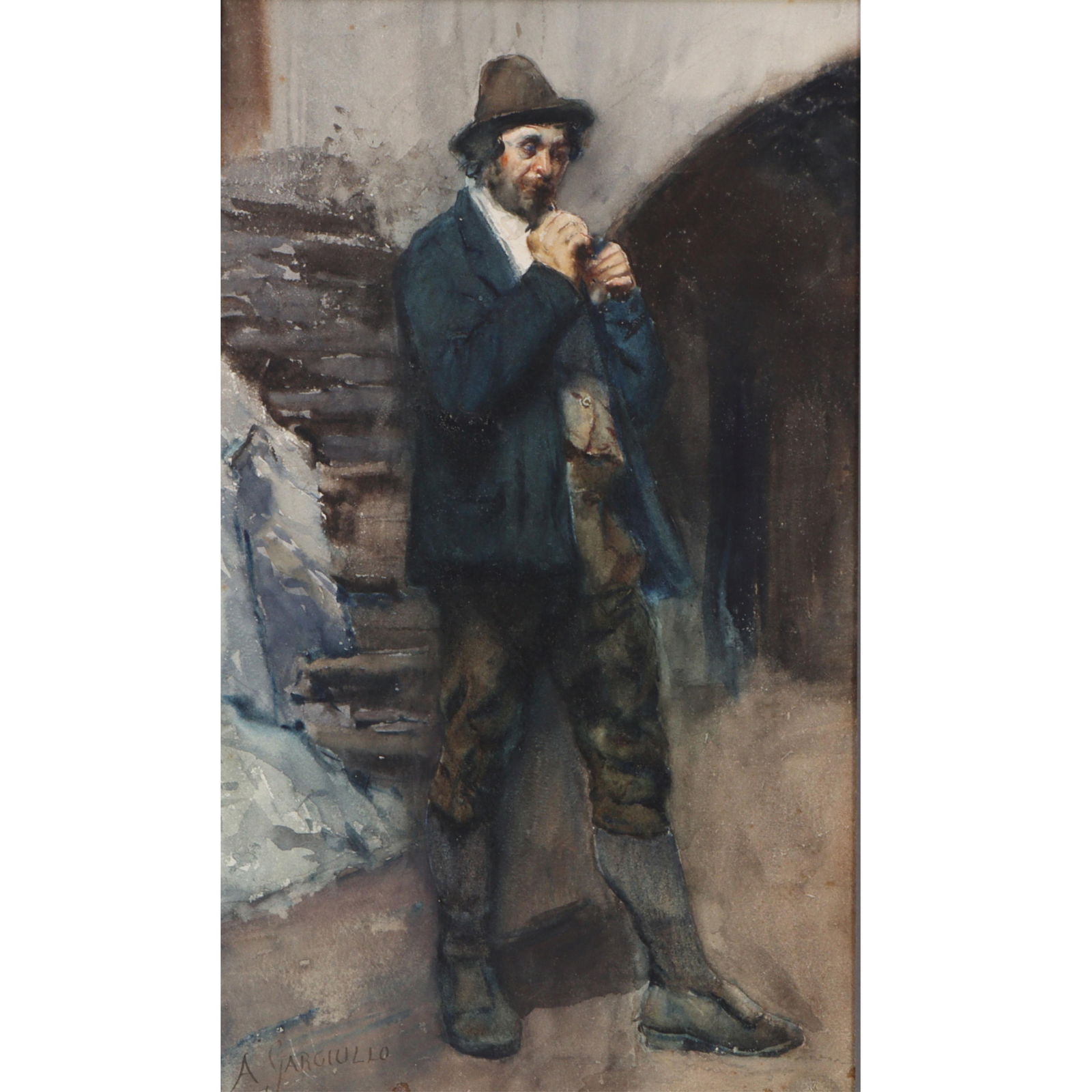 Antonio Gargiullo, Italian (19th Century), portrait of a man smoking double sided, watercolor on: Antonio Gargiullo Italian (19th Century) portrait of a man smoking double sided watercolor on paper The back depicting an unfinished portrait of a man in historical military armor attire, specifically