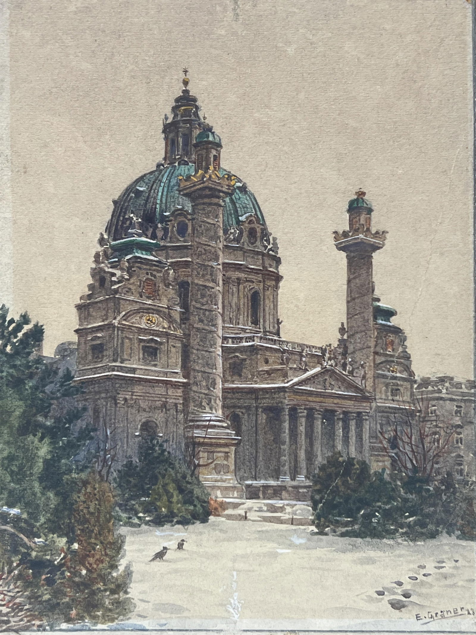 Ernst Graner, Austrian (1865-1943), Karlskirche in Winter, St. Charles's Church, Vienna, watercolor (1 of 7)