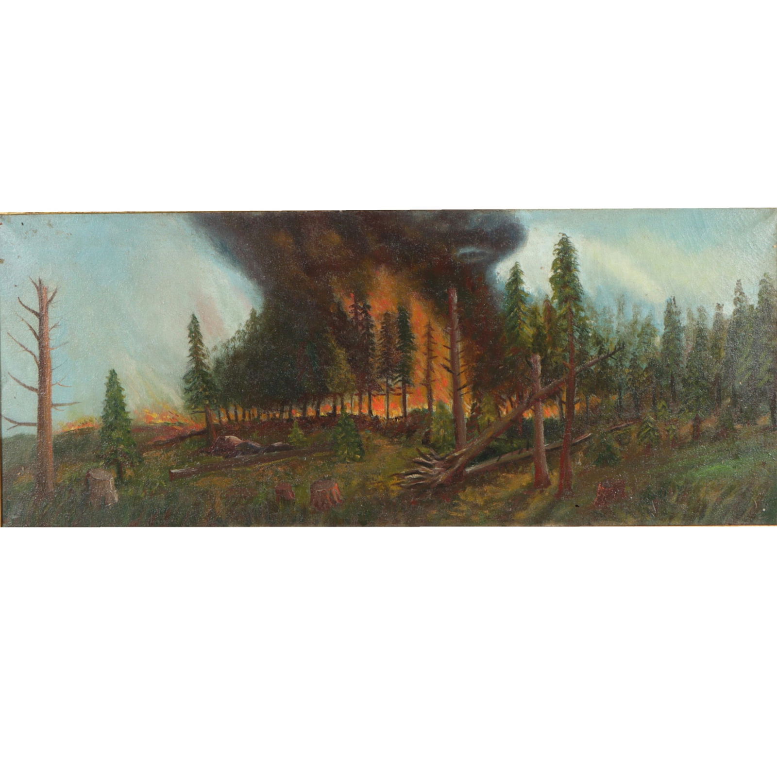 Attr. to William M. Lemos, California (1861 - 1942), Forest Fire landscape, oil on canvas, 13 3/4?H: Attr. to William M. Lemos California (1861 - 1942) Forest Fire landscape oil on canvas Unsigned. Biography from the Archives of askART: Born in New York on Aug. 8, 1861. As a boy Lemos earned money by