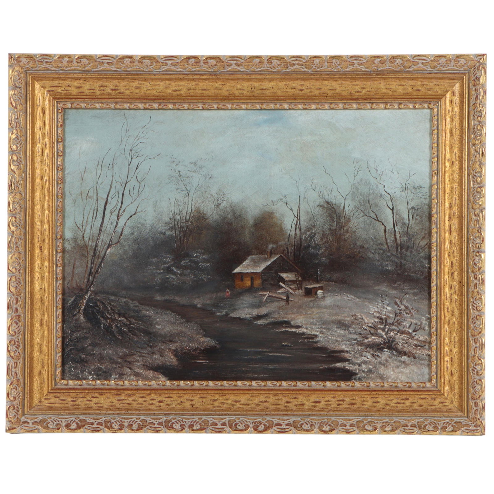 Boathouse on Iowa River, early 20th Century American School cottage landscape oil painting on canvas (1 of 10)