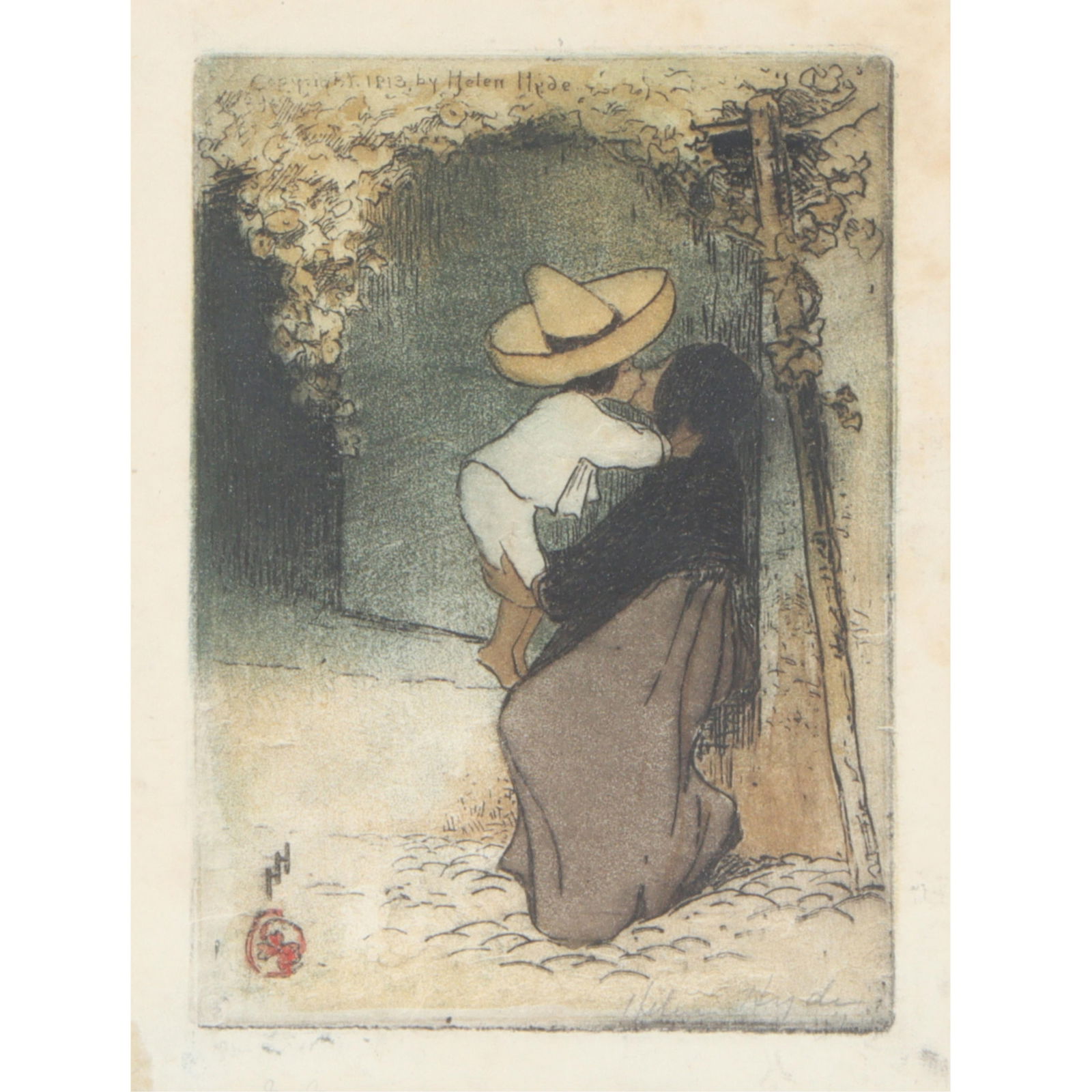 Helen Hyde, American (1868-1919), In Mexico, 1913, color etching, 8 1/4"H x 6 1/4"W(sight), 14 1/4"H: Helen Hyde American (1868-1919) In Mexico, 1913 color etching Signed in pencil lower right. Staining and foxing on paper. Biography from the Archives of askART: Helen Hyde was an etcher, illustrator a