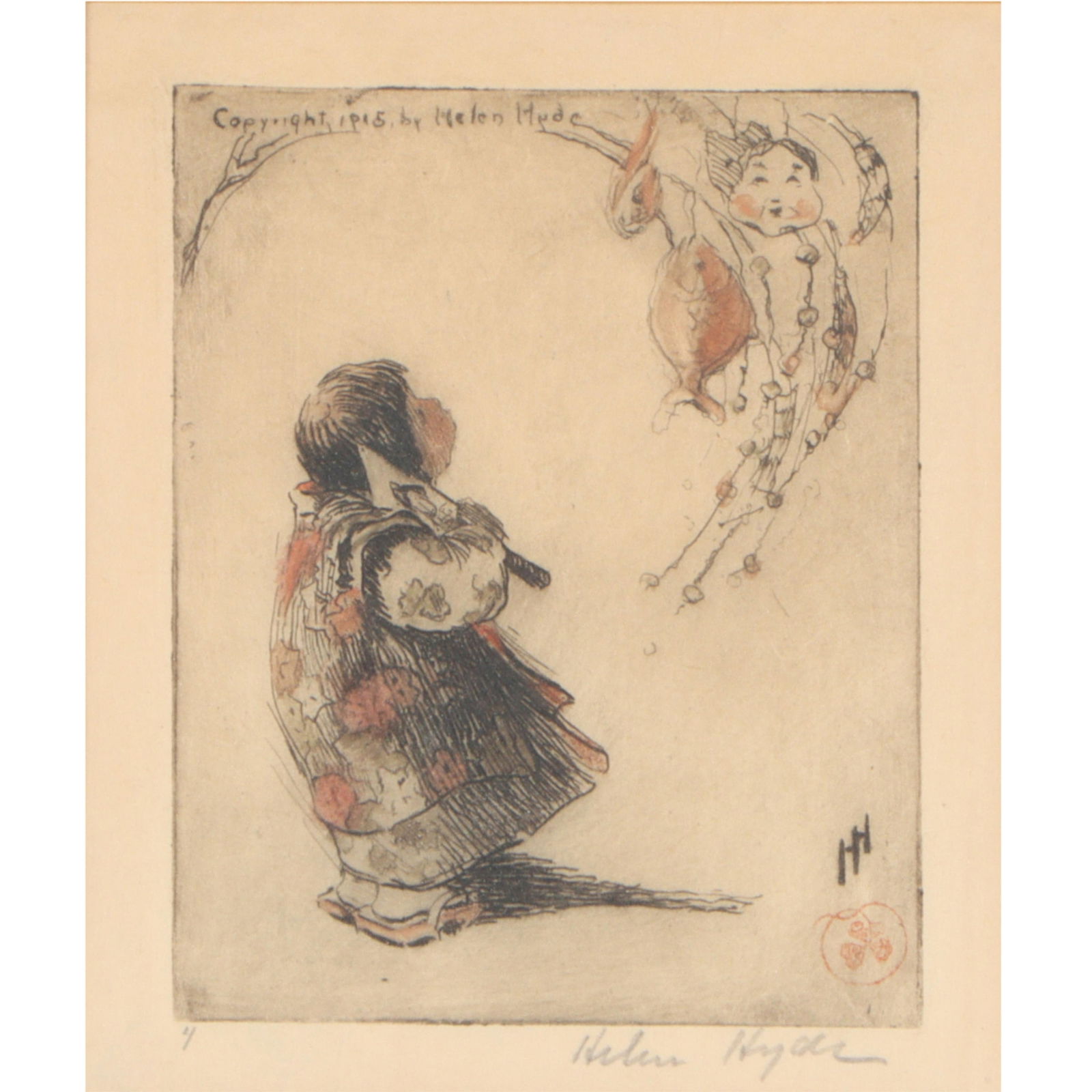 Helen Hyde, American (1868-1919), The Lucky Branch, 1915, color etching, 6"H x 5"W(sight), 11 1/2"H: Helen Hyde American (1868-1919) The Lucky Branch, 1915 color etching Signed in pencil lower right. Biography from the Archives of askART: Helen Hyde was an etcher, illustrator and painter born in Lima