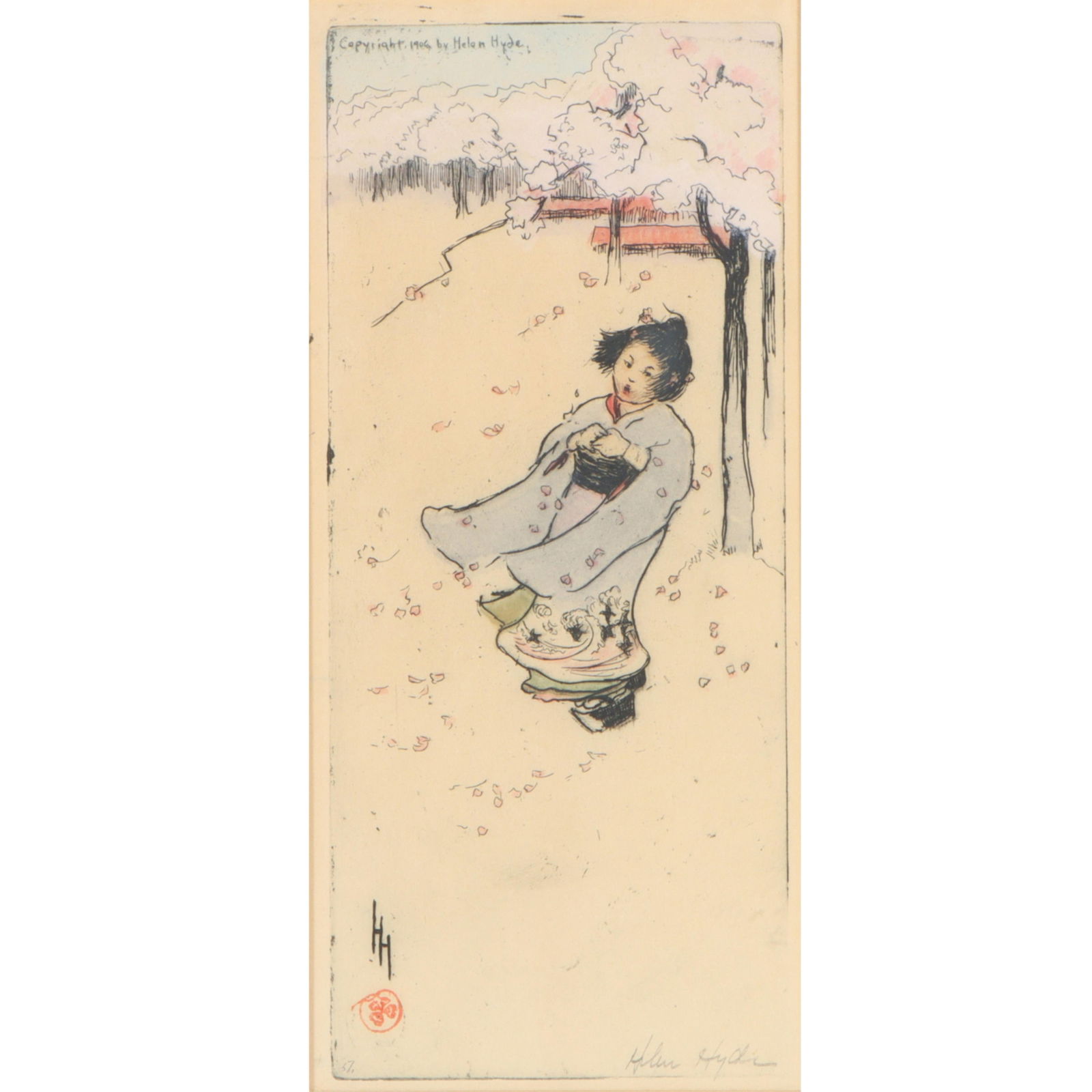 Helen Hyde, American (1868-1919), Cherry Snow, color etching, 12"H x 5 1/2"W(sight), 17 3/4"H x 11 (1 of 10)