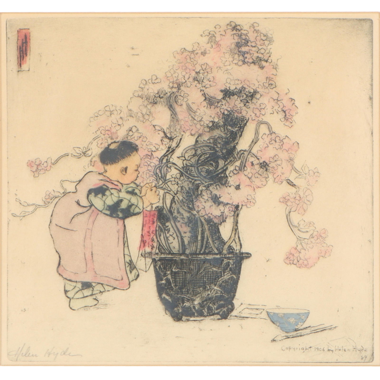 Helen Hyde, American (1868-1919), A Spring Poem, 1906, color etching, 8 1/4"H x 8 3/4"W(sight), 14: Helen Hyde American (1868-1919) A Spring Poem, 1906 color etching Signed in pencil lower left. Biography from the Archives of askART: Helen Hyde was an etcher, illustrator and painter born in Lima, Ne