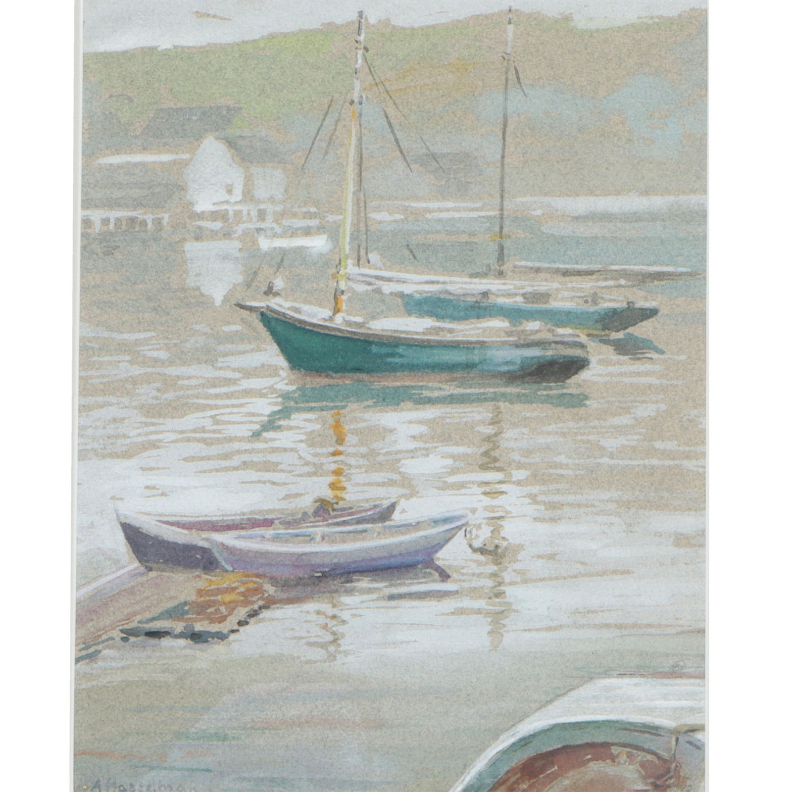 Anna Hasselman, Indiana (1871-1966), In Gloucester Harbor, Mass., watercolor on paper, 9"H x: Anna Hasselman Indiana (1871-1966) In Gloucester Harbor, Mass. watercolor on paper Signed lower left. Biography from the Archives of askART: Anna Hasselman was a painter, museum curator, teacher and e