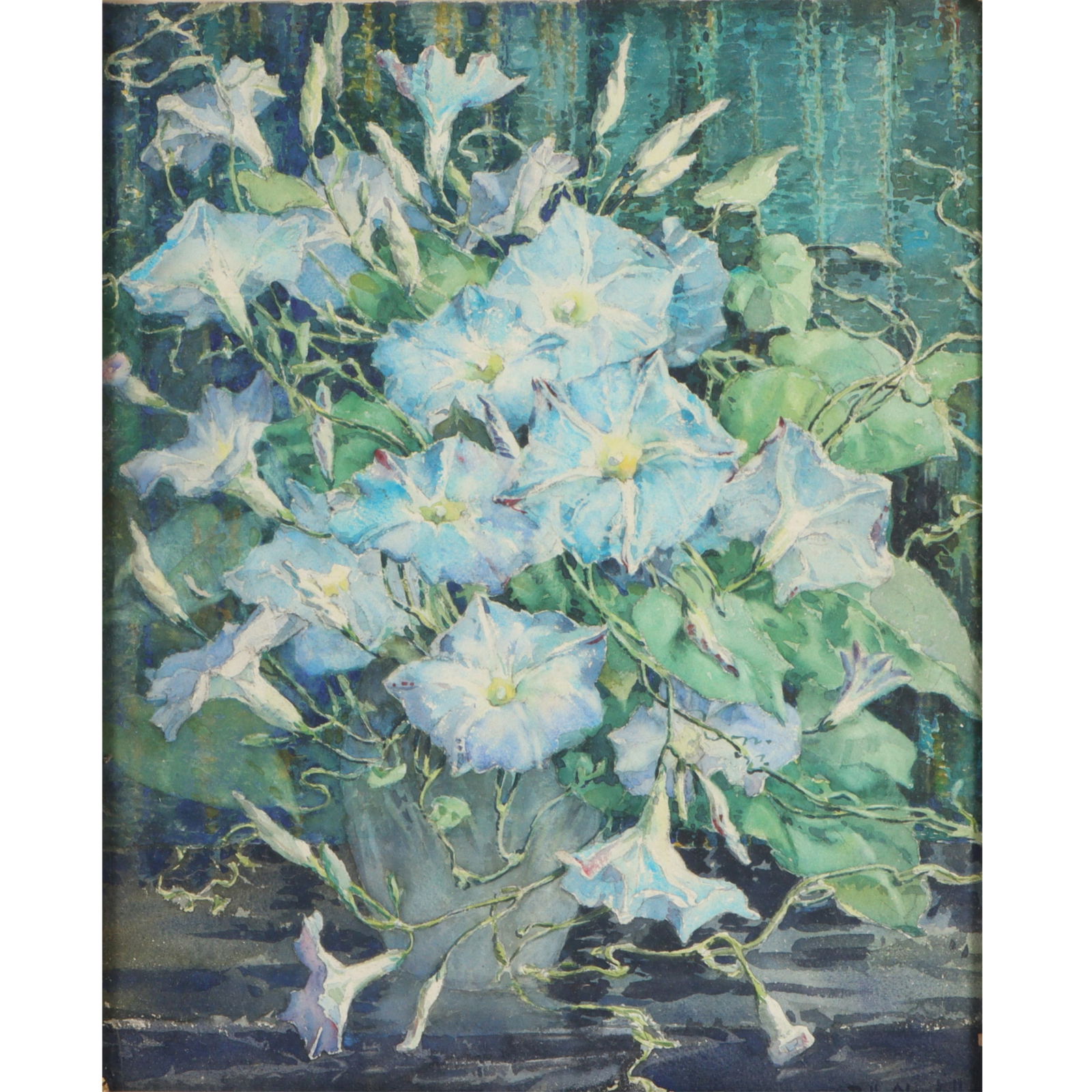 Polly (Emma Parker) Nordell, American (1876-1958), floral still life with morning glories,: Polly (Emma Parker) Nordell American (1876-1958) floral still life with morning glories watercolor Signed lower right. Biography from the Archives of askART: A popular female artist who specialized in