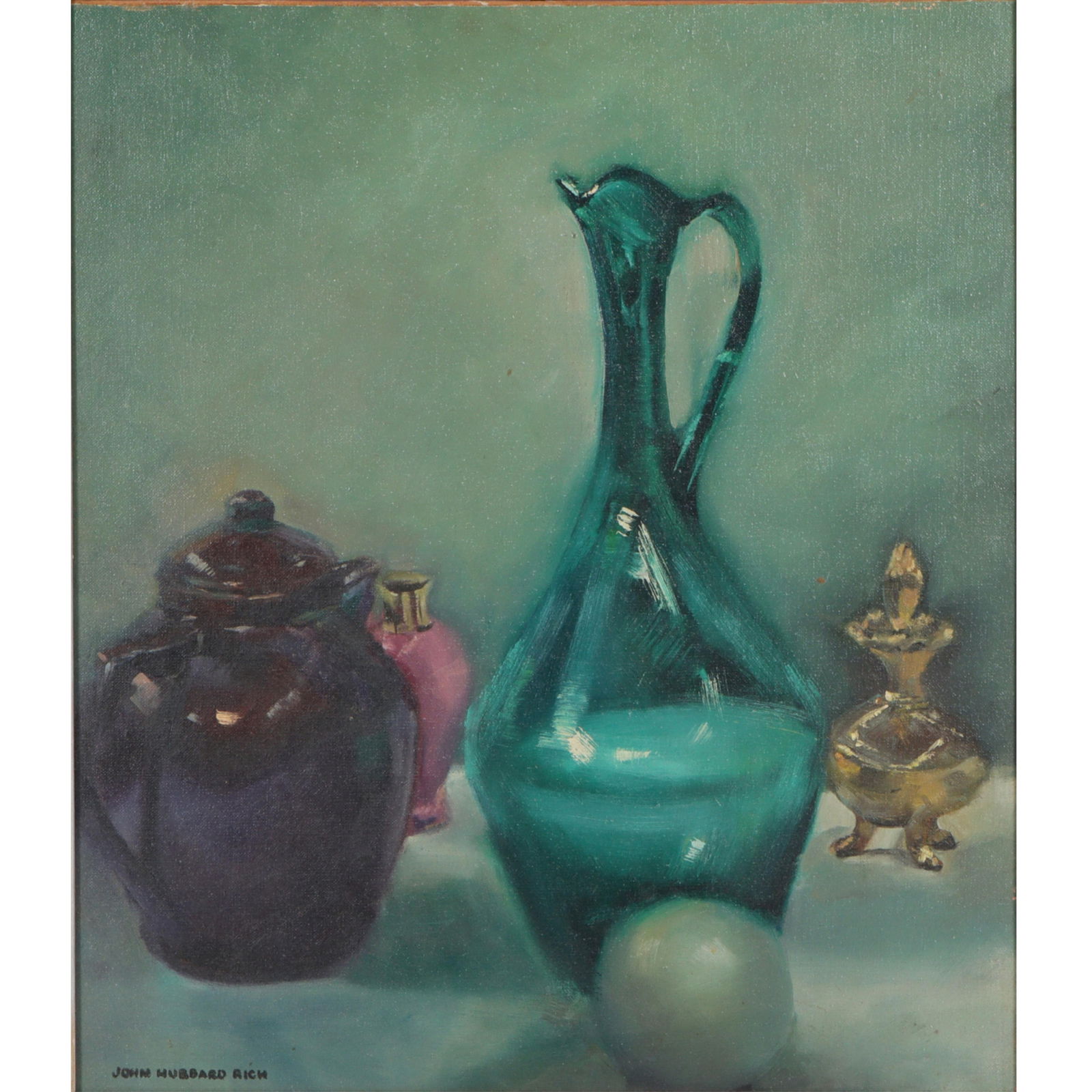 John Hubbard Rich, American (1876-1954), still life vessels, oil on board, 18"H x 16"W(board), 22: John Hubbard Rich American (1876-1954) still life vessels oil on board Signed lower left. Biography from the Archives of askART: Because his family moved from Boston to Minneapolis, John Rich launched