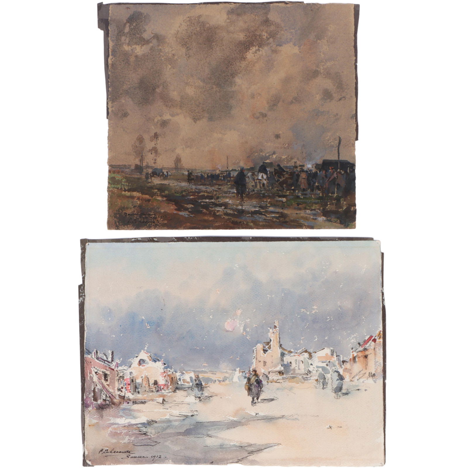 Paul Emile Lecomte, French (1877-1950), 2 Orientalist village scene landscapes, 1907/1917,: Paul Emile Lecomte French (1877-1950) 2 Orientalist village scene landscapes, 1907/1917 watercolor on paper signed, dated and titled lower left. Biography from Vallejo Gallery LLC: A student of his fa