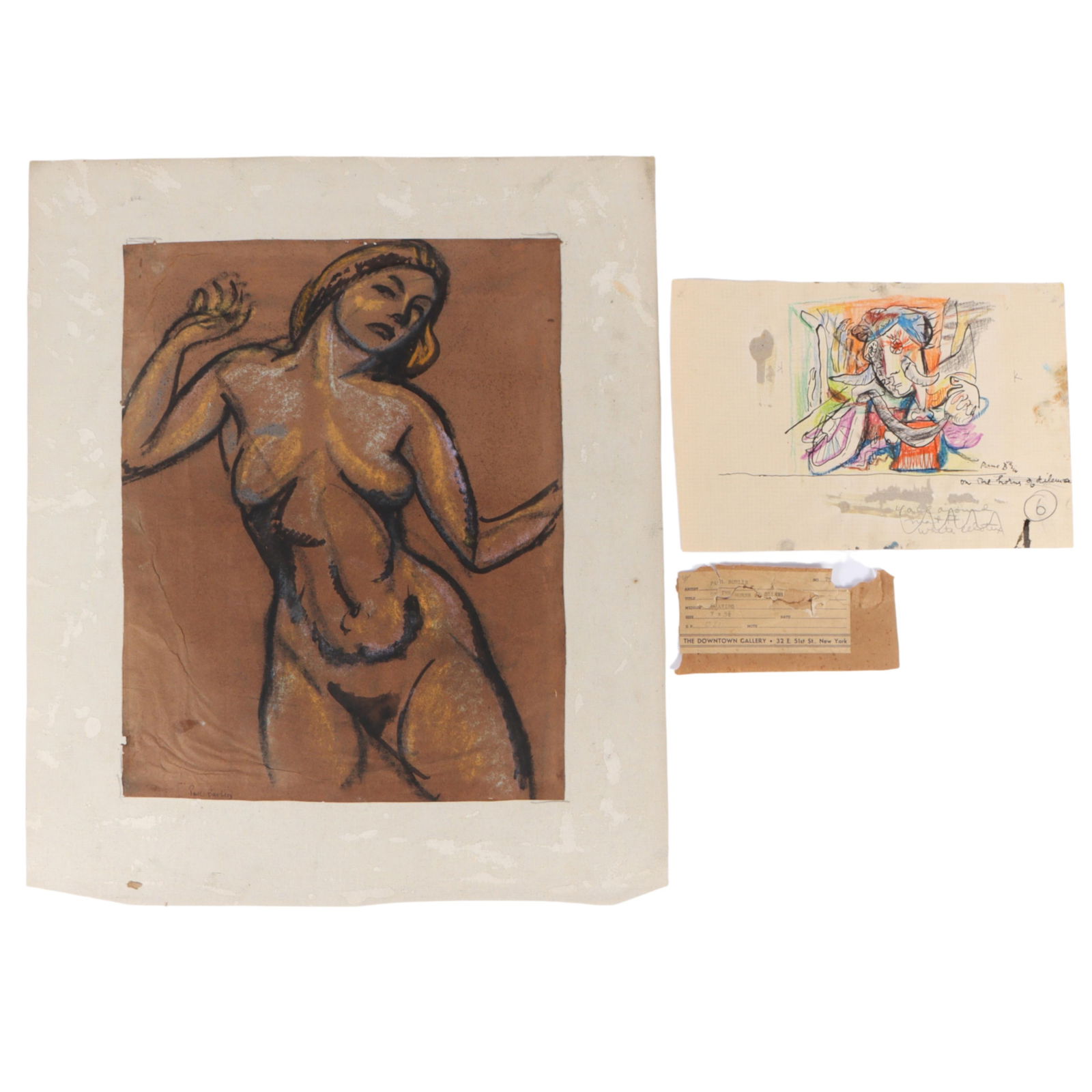 Paul Burlin, New York (1886 - 1969), female nude / On the Horns of Dilemma, 2 mixed media drawings,: Paul Burlin New York (1886 - 1969) female nude / On the Horns of Dilemma 2 mixed media drawings signed lower. The Downtown Gallery, NYC label. Biography from Peyton Wright Gallery: Paul Burlin (1886-