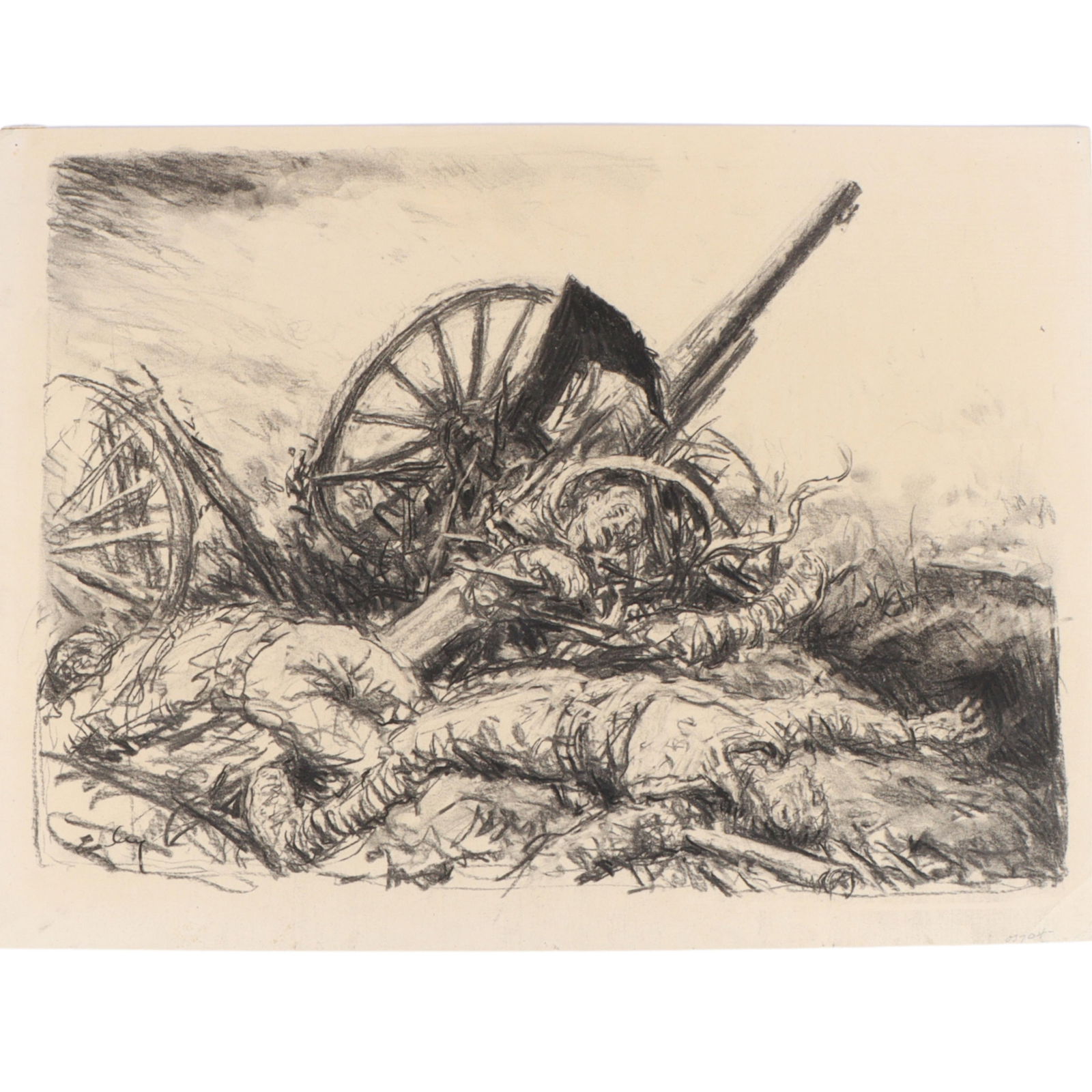 Kerr Eby, Canadian (1889 - 1946), WWI fallen soldiers on a battlefield; war scene with cannon, (1 of 9)