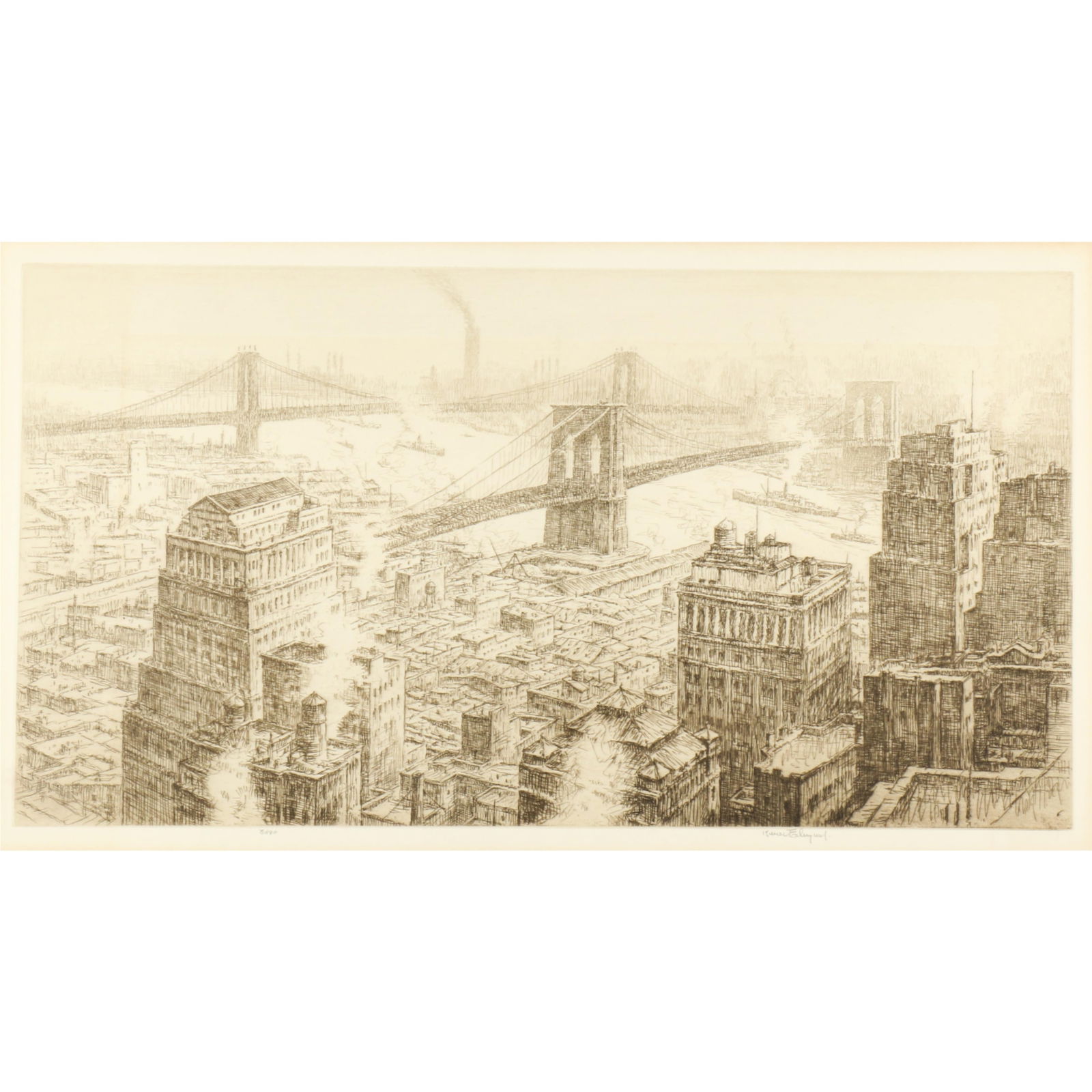Kerr Eby, Canadian (1890-1946), Two Bridges, New York, NYC, etching, 8"H x 15"W (plate), 11 1/2"H x: Kerr Eby Canadian (1890-1946) Two Bridges, New York, NYC etching Pencil signed lower center, edition of 90. Biography from the Archives of askART: Born in Tokyo, Japan to Canadian missionary parents,