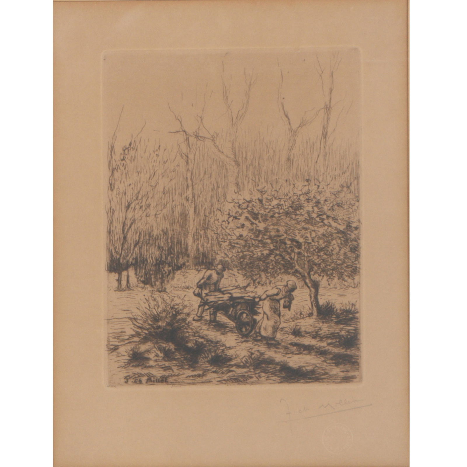 Jean-Charles Millet, France (1892-1944), The Gatherers, genre etching, 13"H x 10"W(sight), 20 1/4"H (1 of 11)