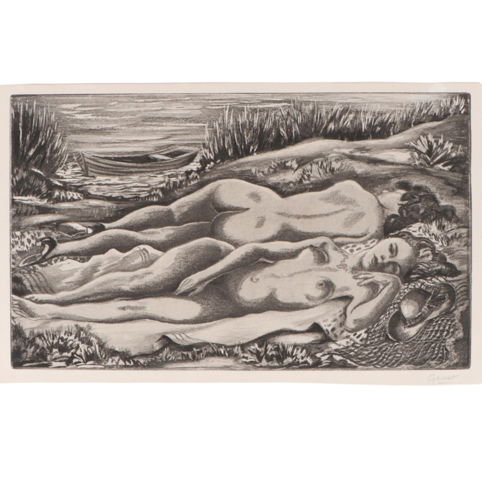 Emil Ganso, German American (1895-1941), two female nude sunbathers, 1936, etching, 8 3/4"H x: Emil Ganso German American (1895-1941) two female nude sunbathers, 1936 etching pencil signed lower right. Biography from Butler Institute of American Art: Ganso was born in Germany in 1895. At age 14
