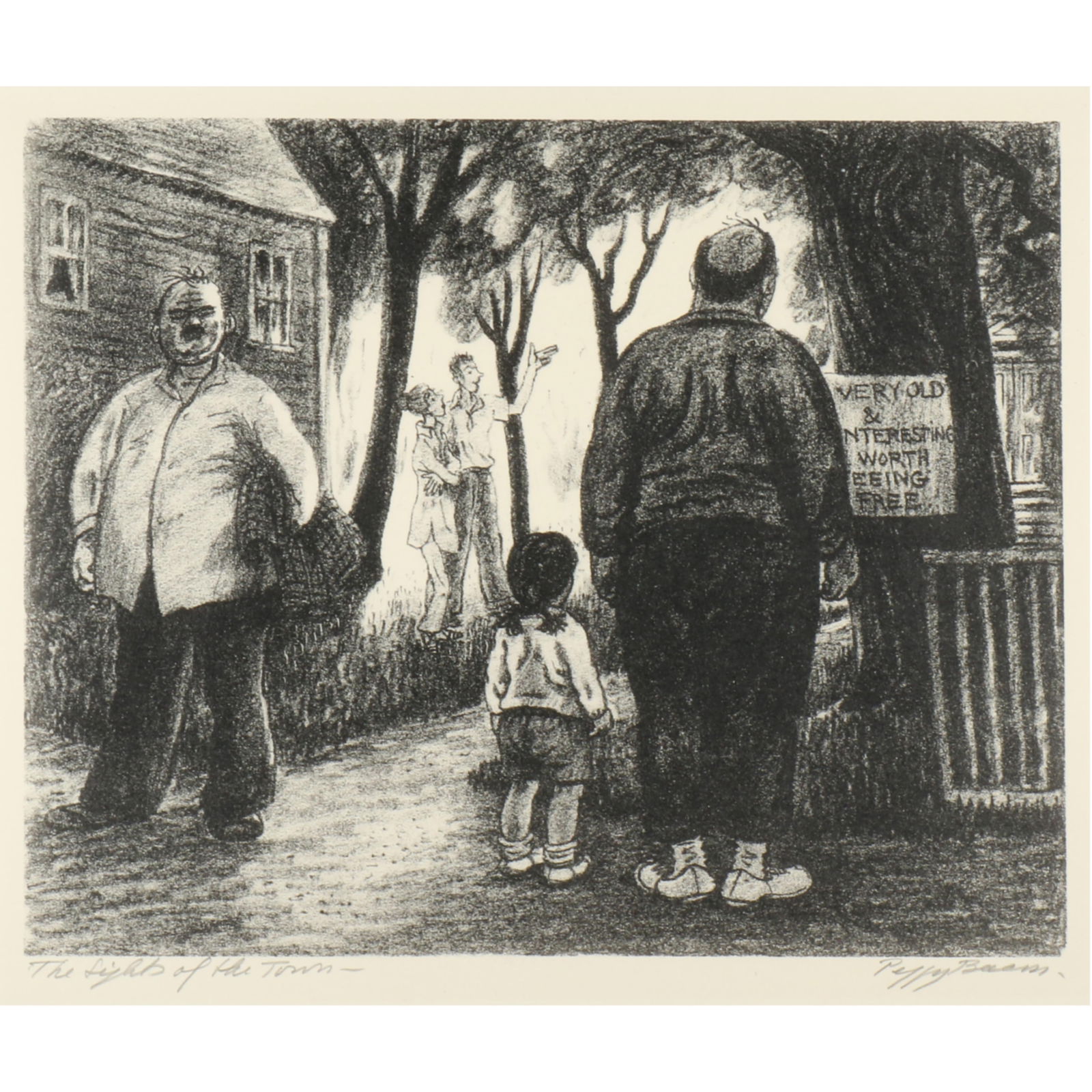 Peggy Bacon, New York / Connecticut (1895 - 1987), The Sights of the Town, lithograph, 8 1/2"H x 10: Peggy Bacon New York / Connecticut (1895 - 1987) The Sights of the Town lithograph Signed in pencil lower right, titled in pencil lower left. Biography from The Columbus Museum of Art, Georgia: Peggy