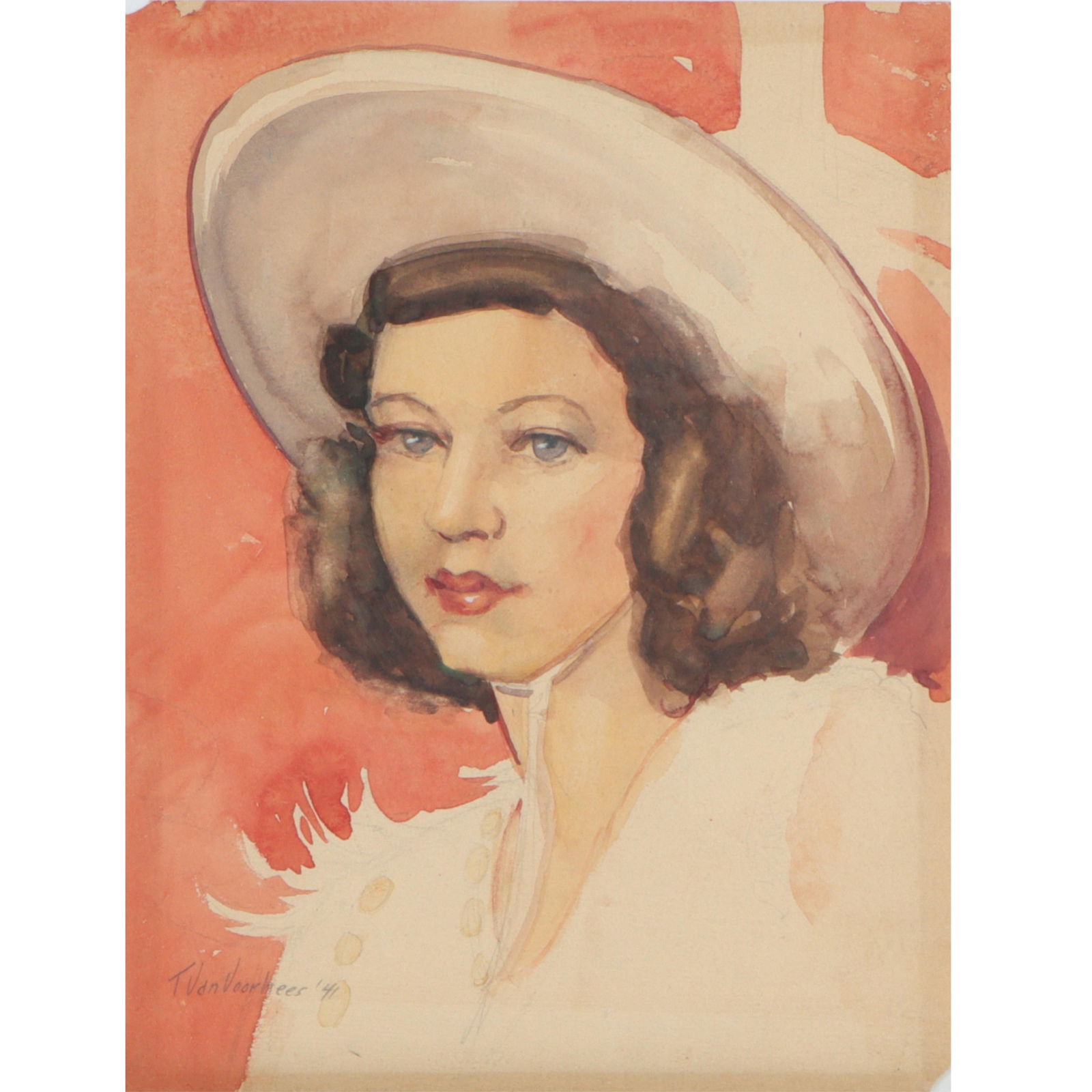 T. Van Voorhees, American 20th Century, portrait of lady in wide-brimmed hat, 1941, watercolor on: T. Van Voorhees American 20th Century portrait of lady in wide-brimmed hat, 1941 watercolor on paper Signed and dated lower left. 12"J x 9"W(paper), 20"H x 17"W(frame)