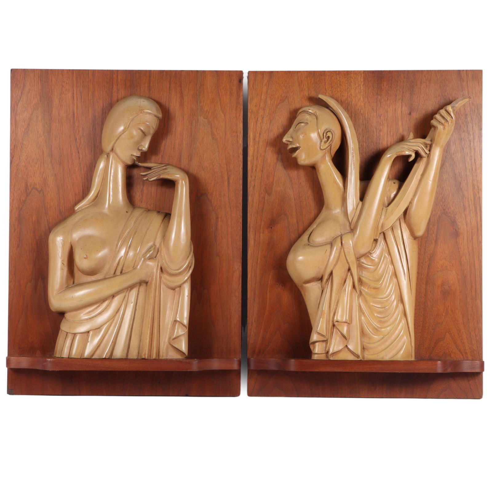 Pair of Art Deco carved sculpted wood bas relief figural wall hangings, Classical Theme Grecian: Pair of Art Deco carved sculpted wood bas relief figural wall hangings, Classical Theme Grecian musician serenading nude draped maiden with the lyre. 23 3/4"H x 16 3/4"W - one measured