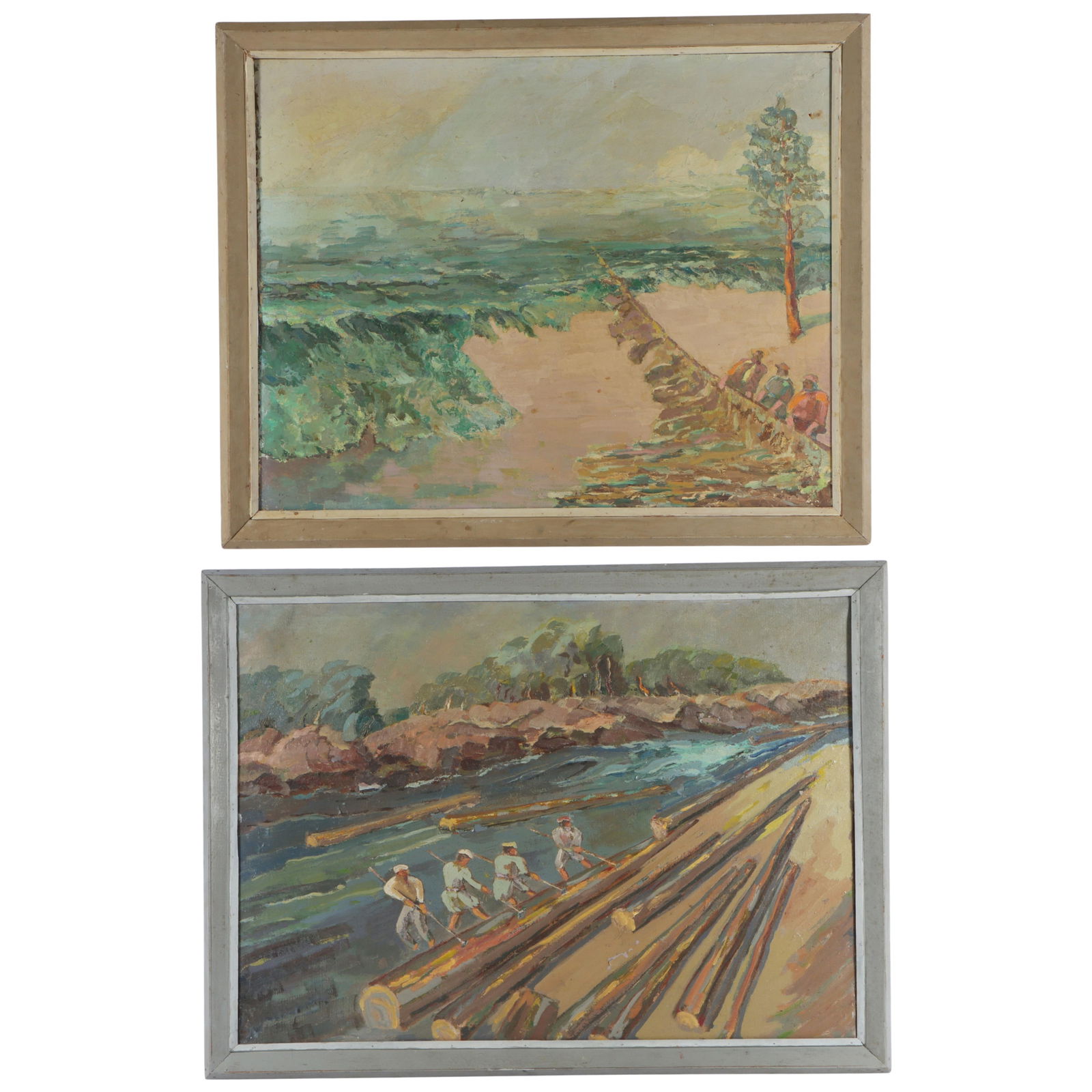 Two early 20th Century American WPA? era landscape oil paintings: coastal beach fishermen with net, (1 of 19)