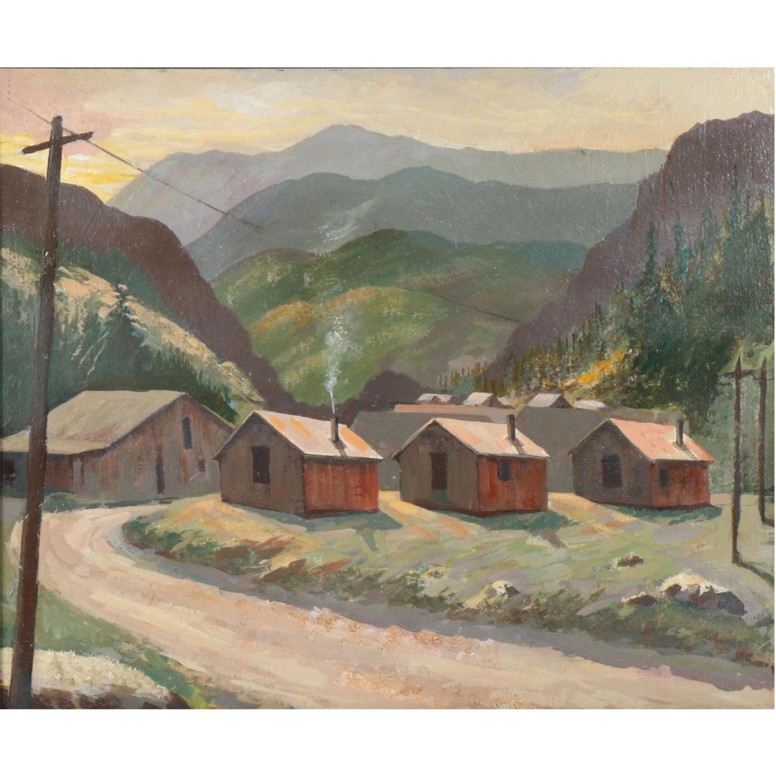 Coal mining camp mountainous landscape, oil painting on board ca. mid 20th Century 19? H X 23? W: Coal mining camp mountainous landscape, oil painting on board ca. mid 20th Century 19? H X 23? W (sight); 23? H X 27? W (frame)