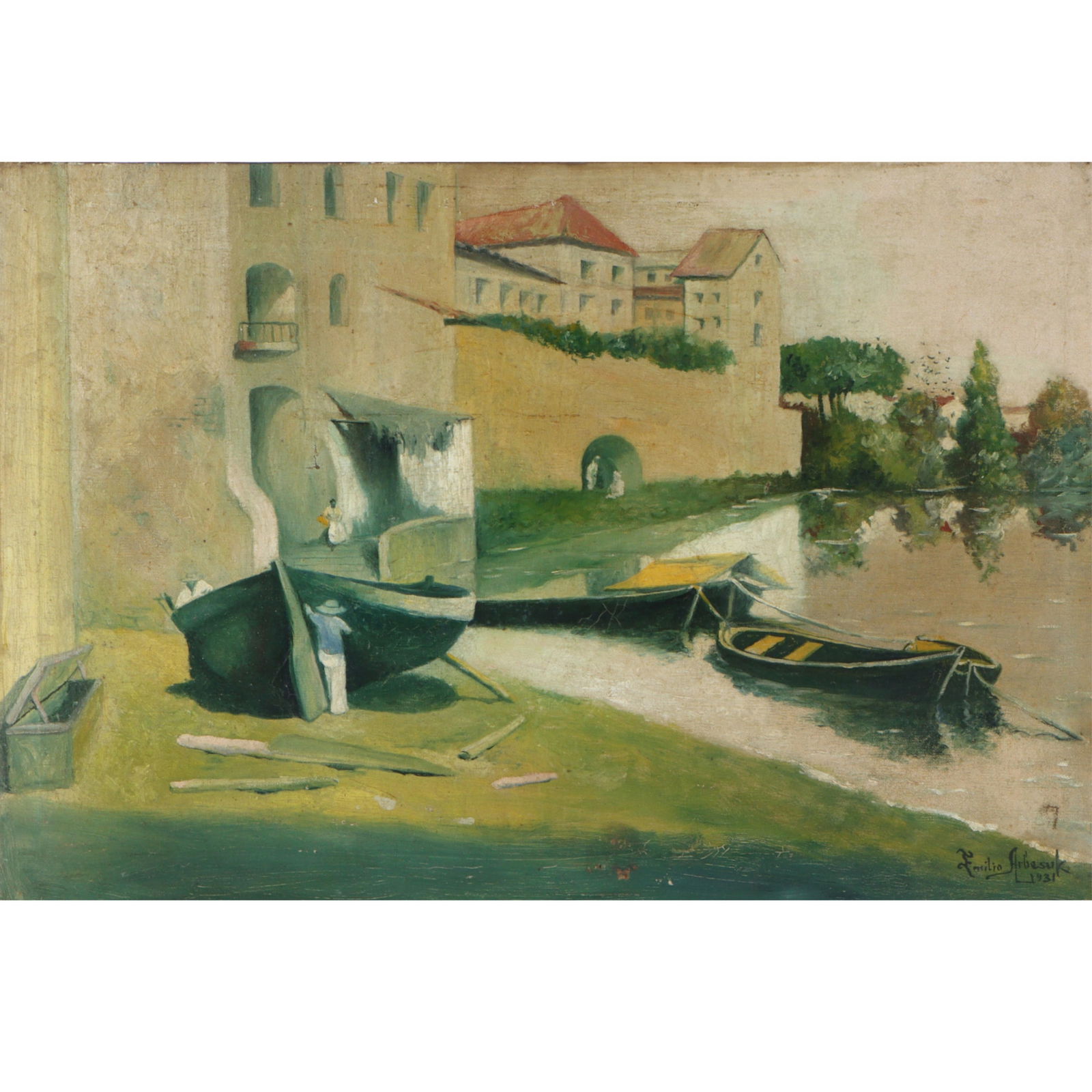 Emilio Arbesuk, New York / New Jersey (20th century), European / Spanish? villa harbor scene with: Emilio Arbesuk New York / New Jersey (20th century) European / Spanish? villa harbor scene with boats, 1931 oil on canvas Signed lower right. Restoration evident. 18 3/4? H X 28? W