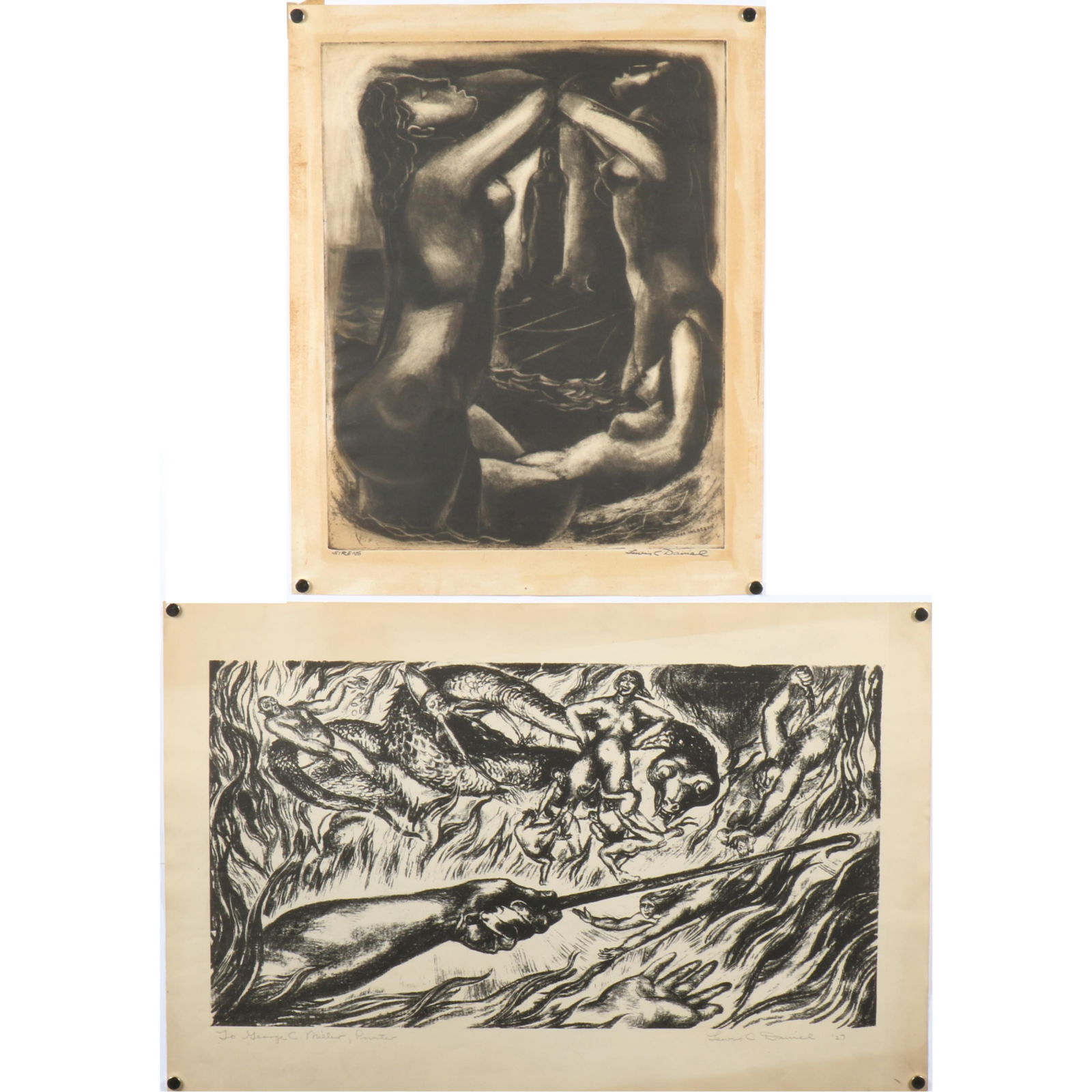 Lewis C. Daniel, American (1901-1952), Sirens / figural allegorical scene, 1927, Etching and: Lewis C. Daniel American (1901-1952) Sirens / figural allegorical scene, 1927 Etching and lithograph Sirens: pencil signed lower left. "For Hildreth" lower right in plate. Figural scene: pencil signed