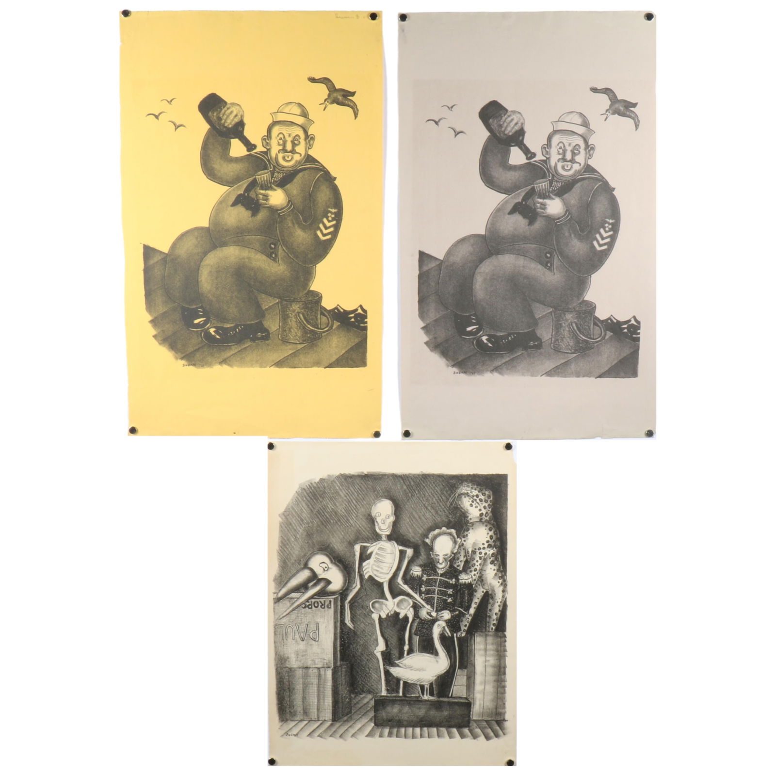 Susan Willard Flint, American (1902 - 1984), drunken sailor (2) / prop house, 3 lithographs, 20 (1 of 13)