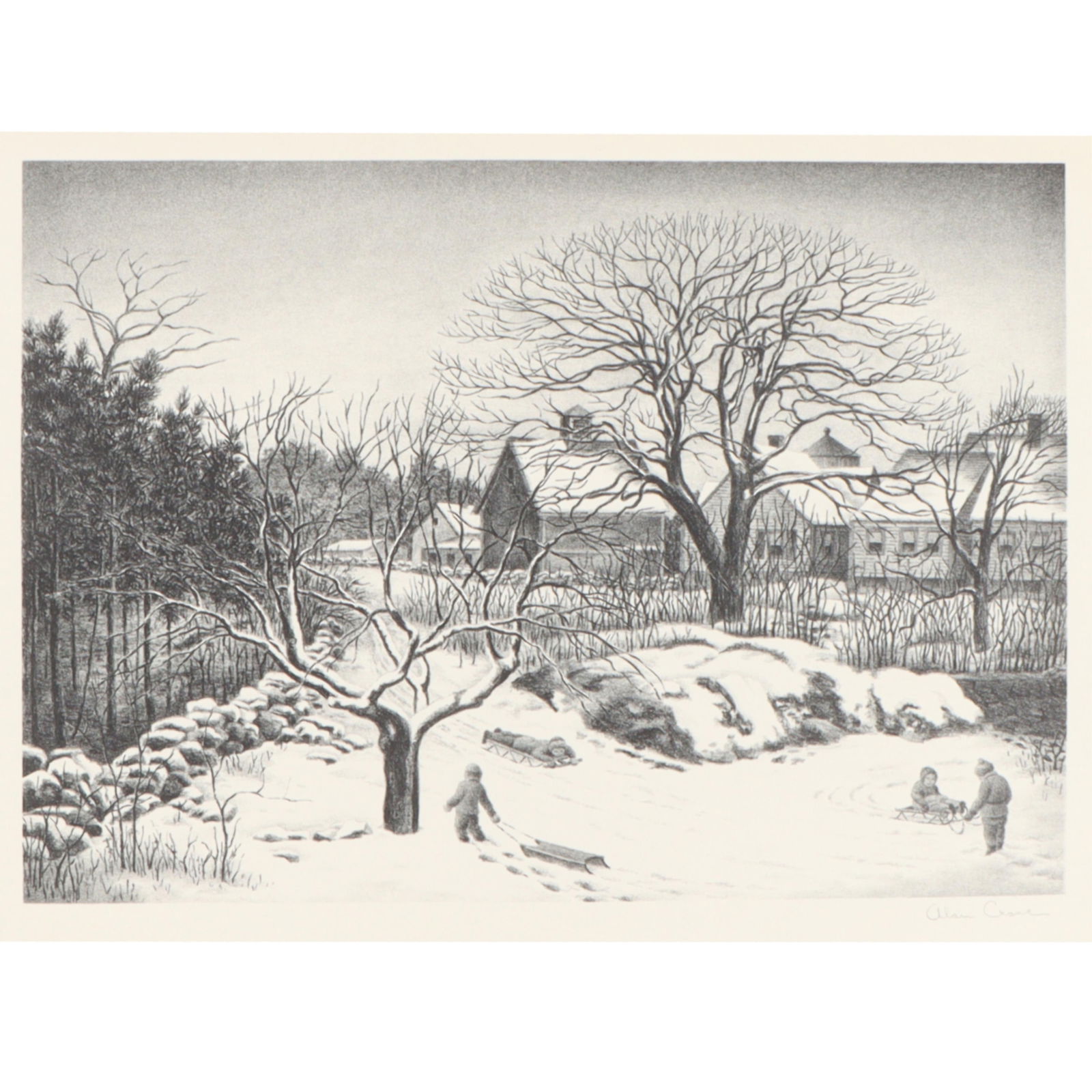 Alan Horton Crane, American (1901 - 1969), winter scene with children sledding, lithograph, 12 1/4"H (1 of 9)