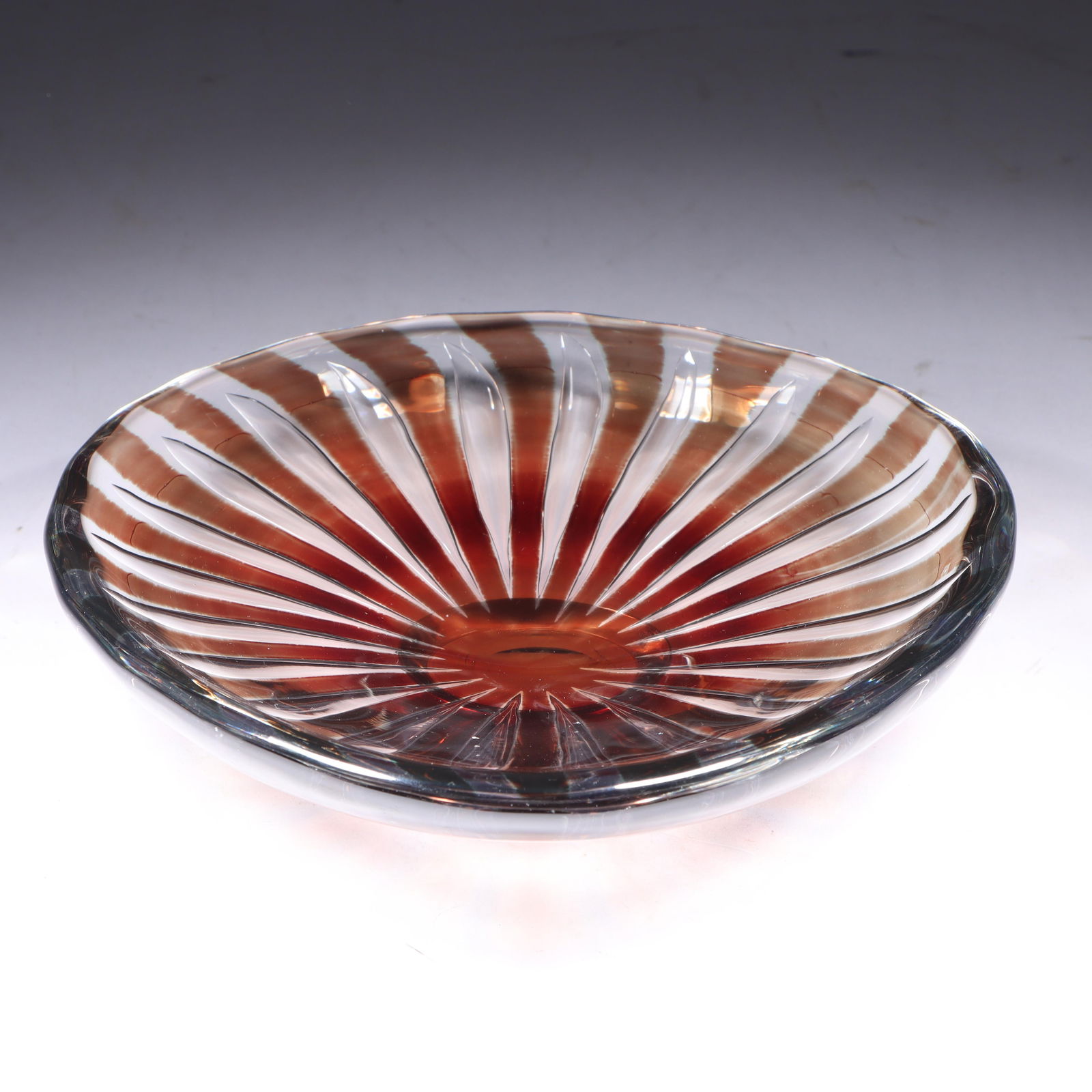 Orrefors, Edvin Ohrstrom art glass Ariel bowl with air trapped burgundy / amber ray design. 2 small (1 of 8)
