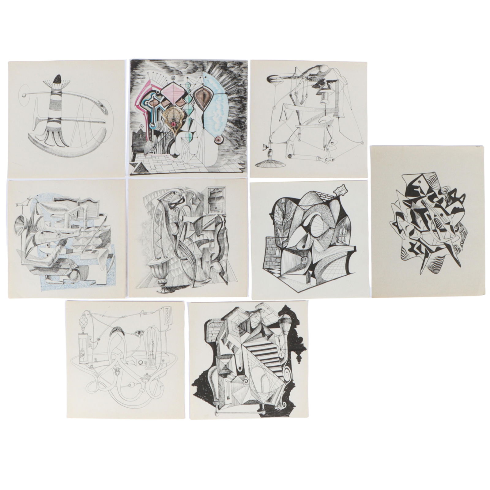 Gilbert Hancox, British American (b. 1908), 9 abstract surrealist drawings, ink on paper, 11"H x 8: Gilbert Hancox British American (b. 1908) 9 abstract surrealist drawings ink on paper Three signed with initials and dated 1957/59 lower. Two dated 1958 verso. Two marked with estate stamps and dated