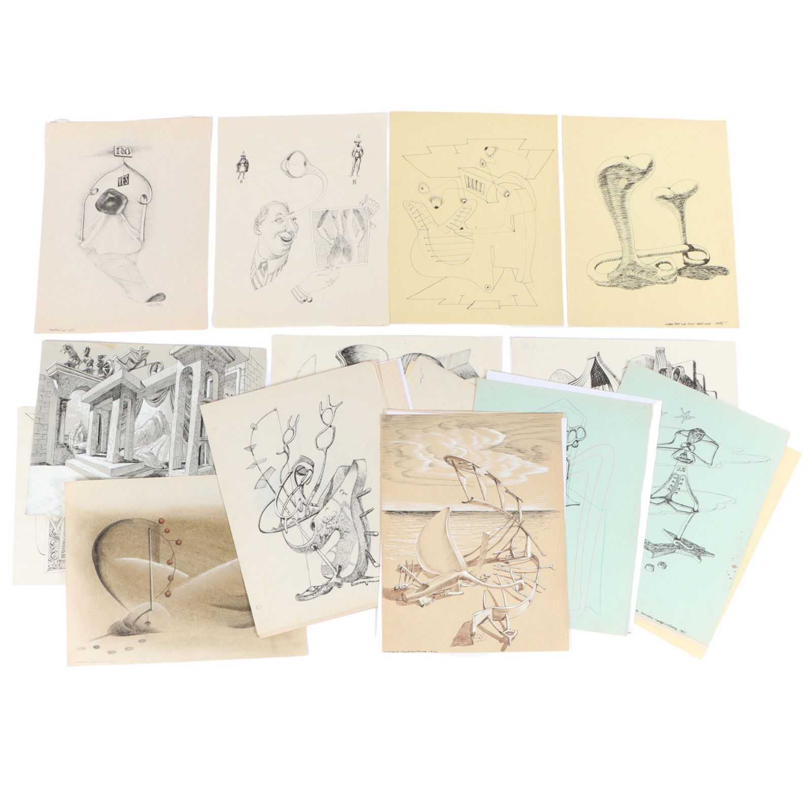 Gilbert Hancox, British American (b. 1908), 27 abstract surrealist drawings, 1940s-1960s, ink on: Gilbert Hancox British American (b. 1908) 27 abstract surrealist drawings, 1940s-1960s ink on paper / graphite on paper / mixed media on paper Many signed with initials and dated. Two marked with esta