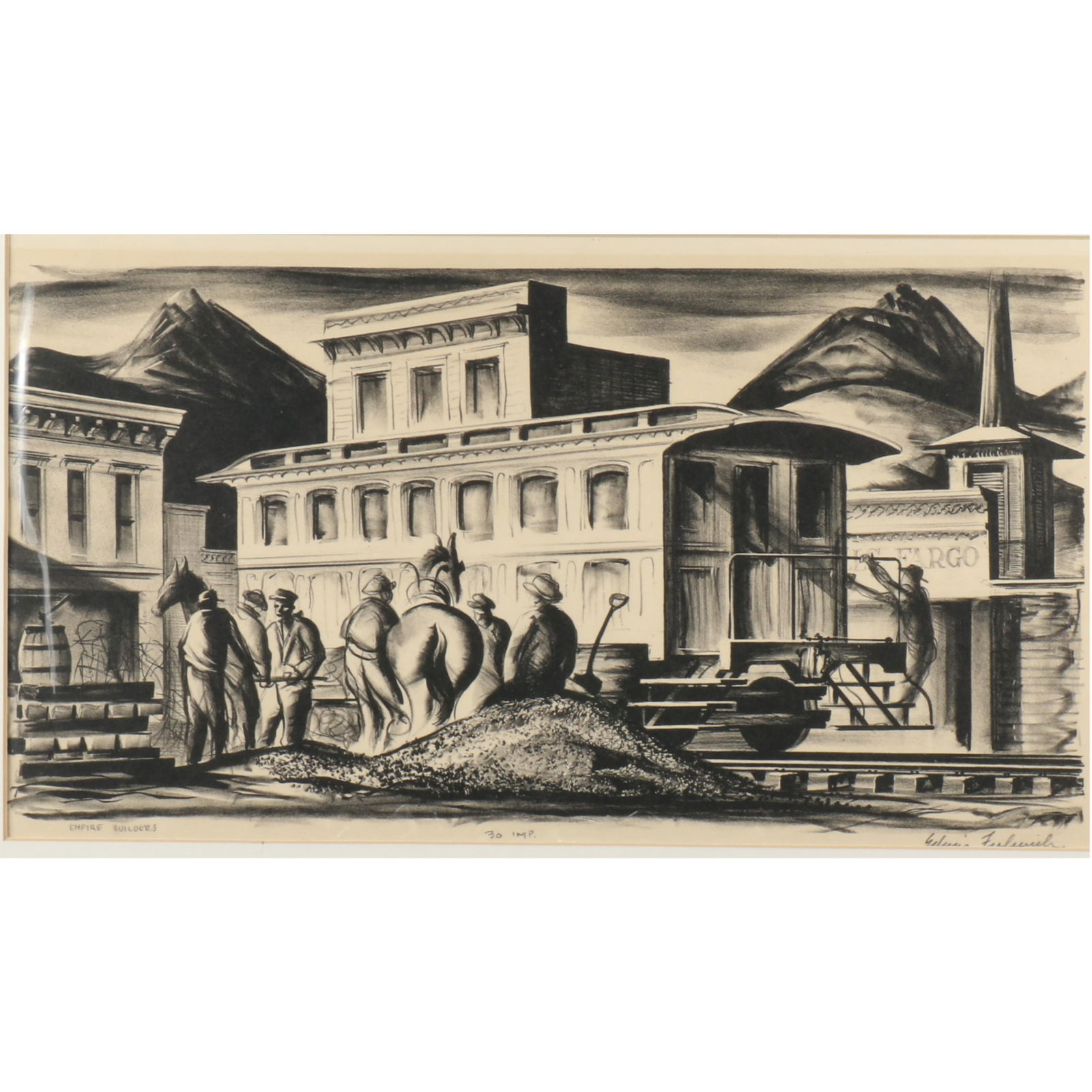 Edwin Fulwider, Indiana / Arizona (1913 - 2003), Empire Builders, 1933, lithograph, 8 1/4"H x 15: Edwin Fulwider Indiana / Arizona (1913 - 2003) Empire Builders, 1933 lithograph signed, titled, and numbered Imp. 30 lower margin. Biography from Covington Fine Arts Gallery, Inc.: A Painter, printmak