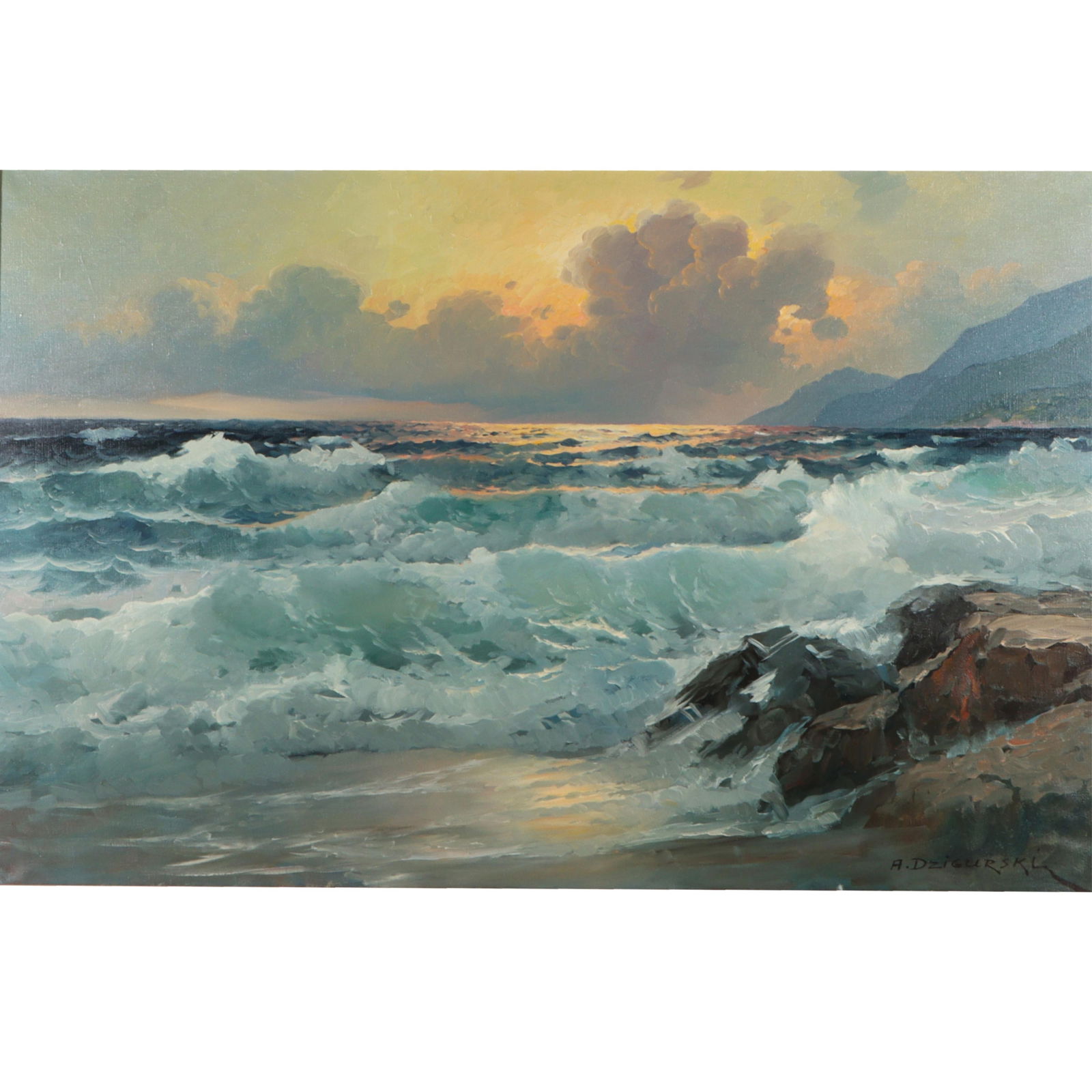 Alexander Dzigurski, California (1911-1995), rocky sunlit seascape with crashing waves, oil on (1 of 12)