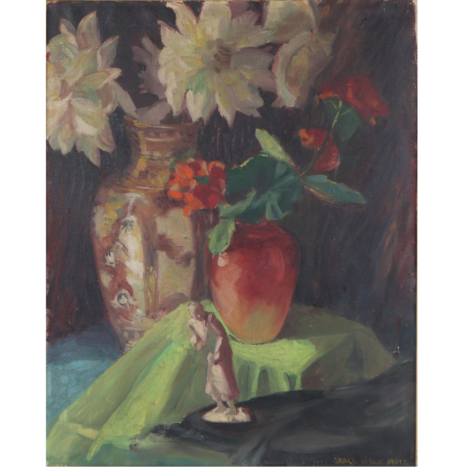 Grace Leslie Dickerson / Motz, Indiana (b.1911), still life with flowers and Chinoiserie, oil on: Grace Leslie Dickerson / Motz Indiana (b.1911) still life with flowers and Chinoiserie oil on canvas signed lower right. Biography from the Archives of askART: A long-time resident of Fort Wayne, Indi