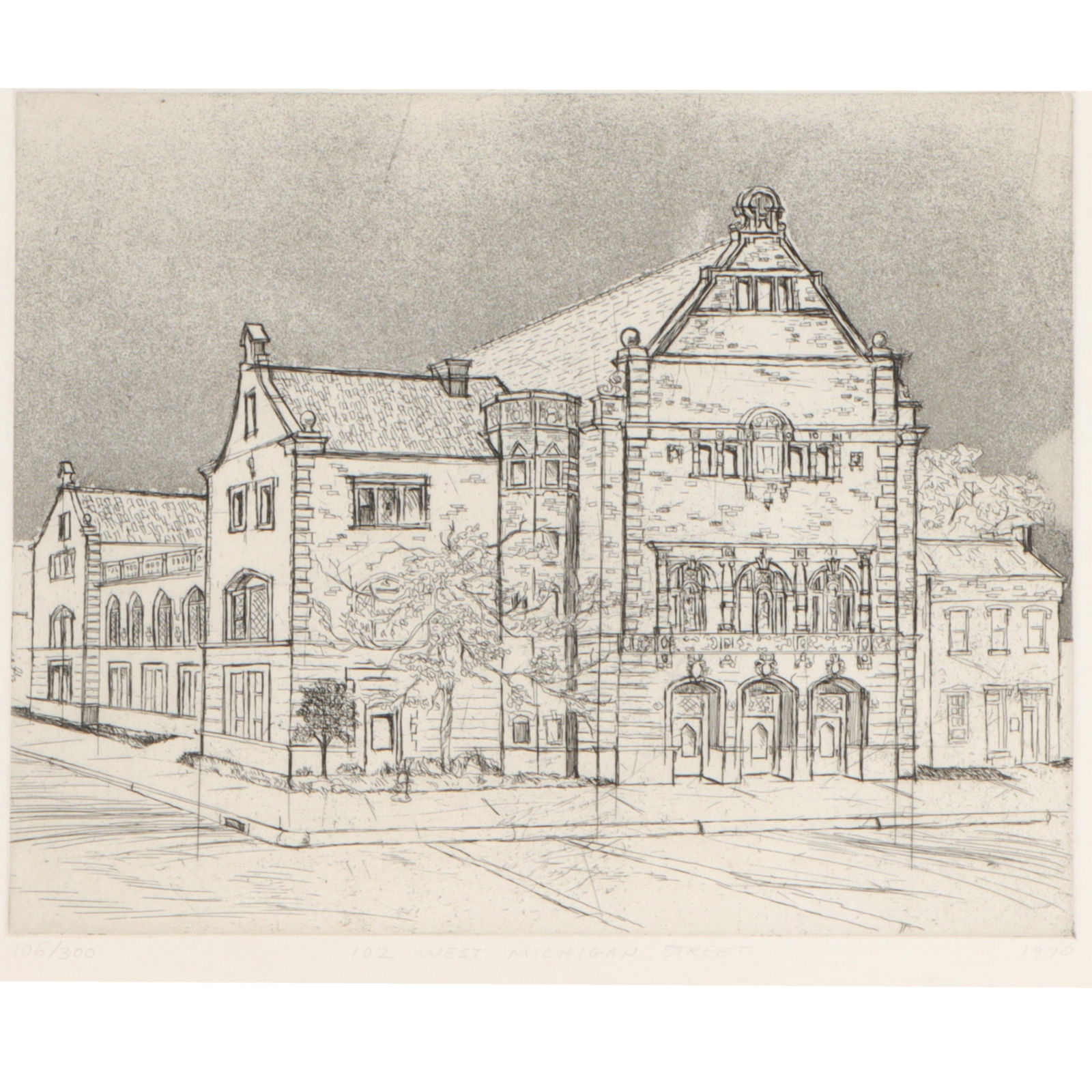 Indianapolis Maennerchor building etching, 102 West Michigan Street, 1970, Indianapolis Athenaeum. (1 of 11)