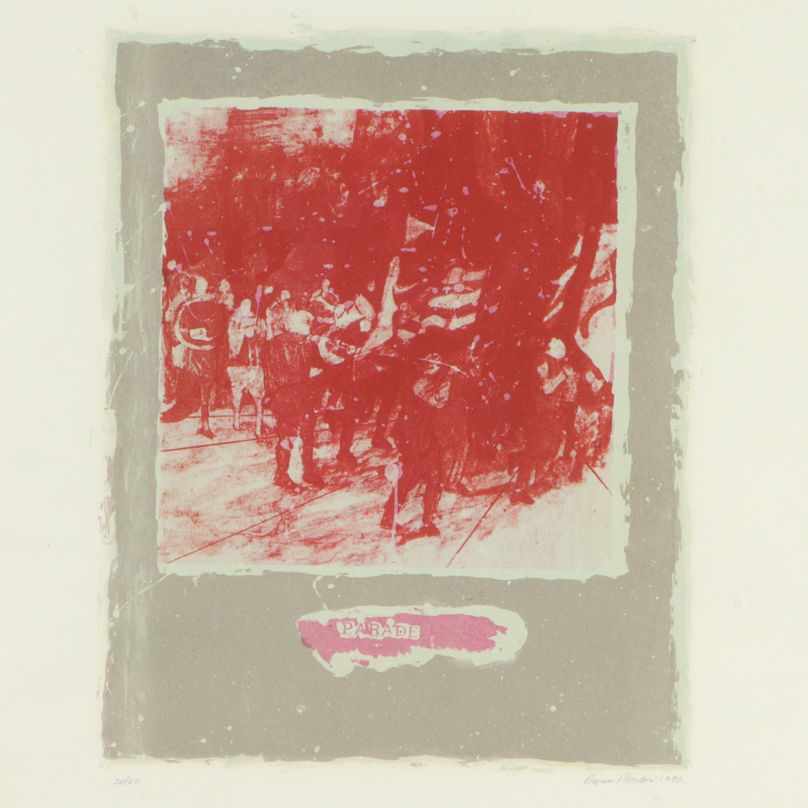 Byron Leslie Burford, American (1920 - 2011), Parade, 1970, screenprint, 22 1/2"H x 17 3/4"W(sight),: Byron Leslie Burford American (1920 - 2011) Parade, 1970 screenprint Pencil signed and dated lower right, edition 20/40. Provenance: From the estate of Jim and Anna White, Indianapolis, IN Biography f