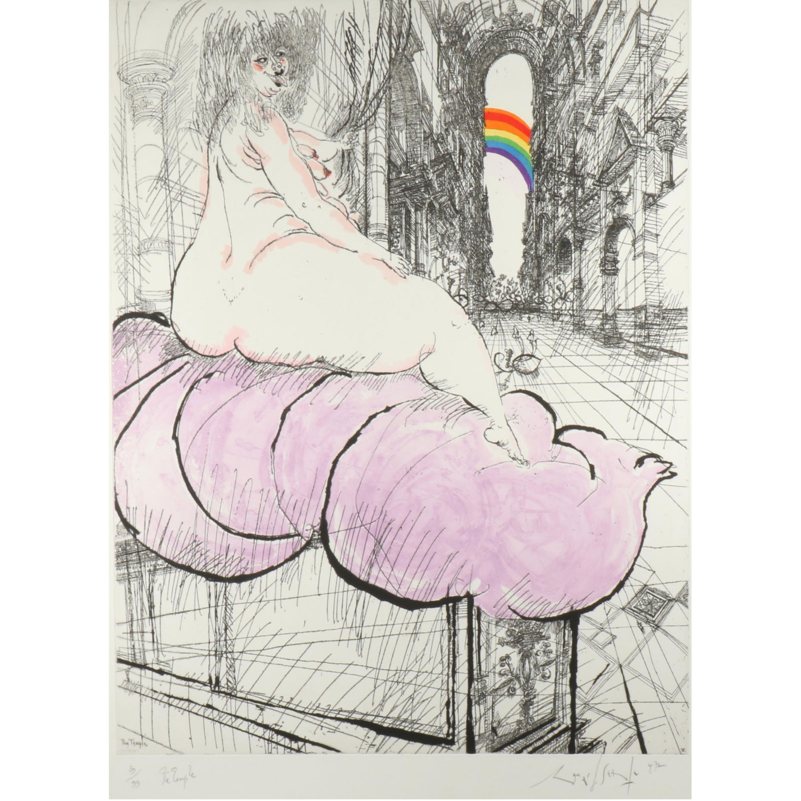 Ronald Searle, British (1920-2011), The Temple, 1972, Etching on paper with hand coloring, 25"H x: Ronald Searle British (1920-2011) The Temple, 1972 Etching on paper with hand coloring Pencil signed, dated, titled, and numbered 39/99 lower margin. Following is The New York Times obituary of the ar