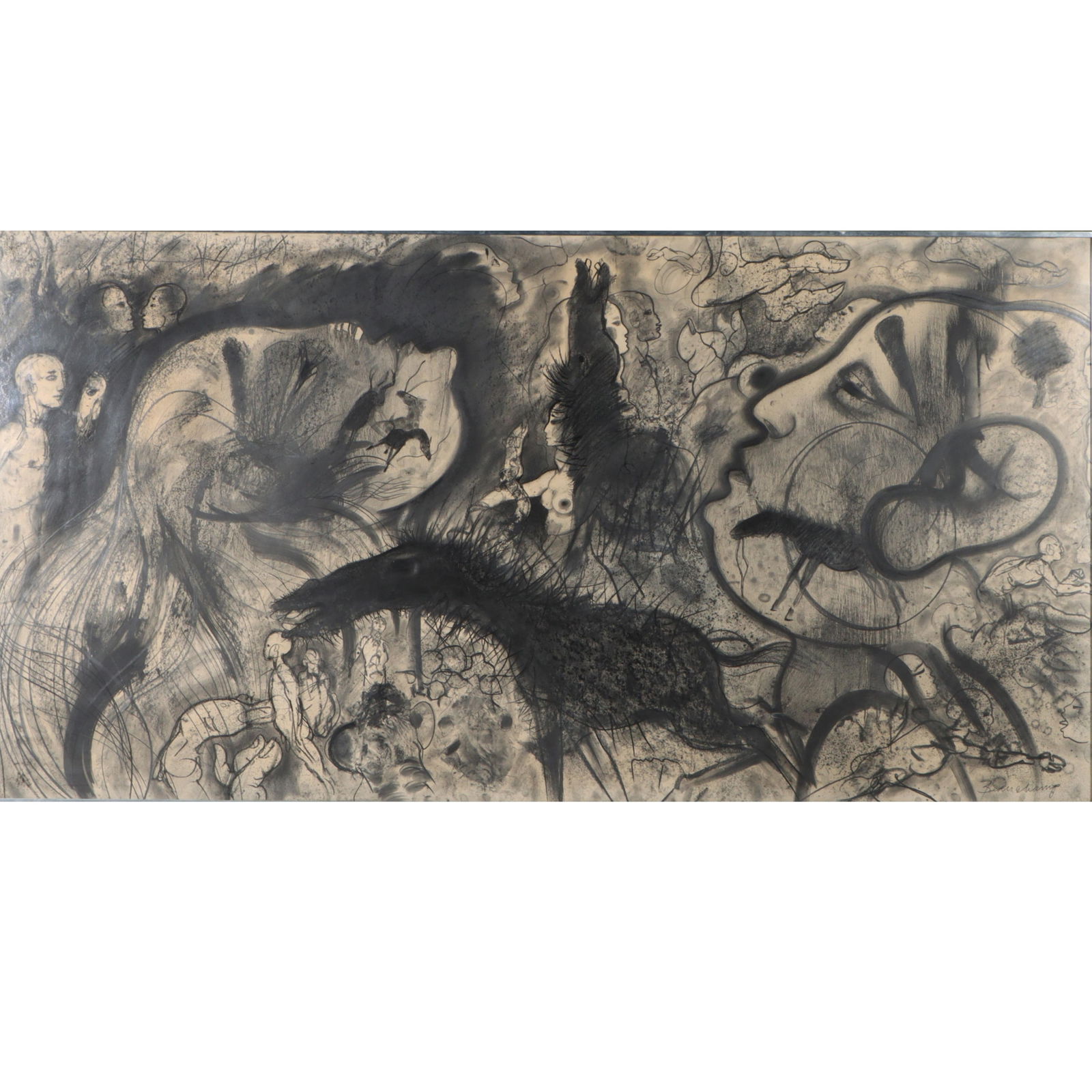 Robert Beauchamp, American (1923 - 1995), WALL SIZE figural abstract with horse, large scale ink and: Robert Beauchamp American (1923 - 1995) WALL SIZE figural abstract with horse large scale ink and charcoal wash on paper Signed lower right. Biography from The Columbus Museum of Art, Georgia: Robert