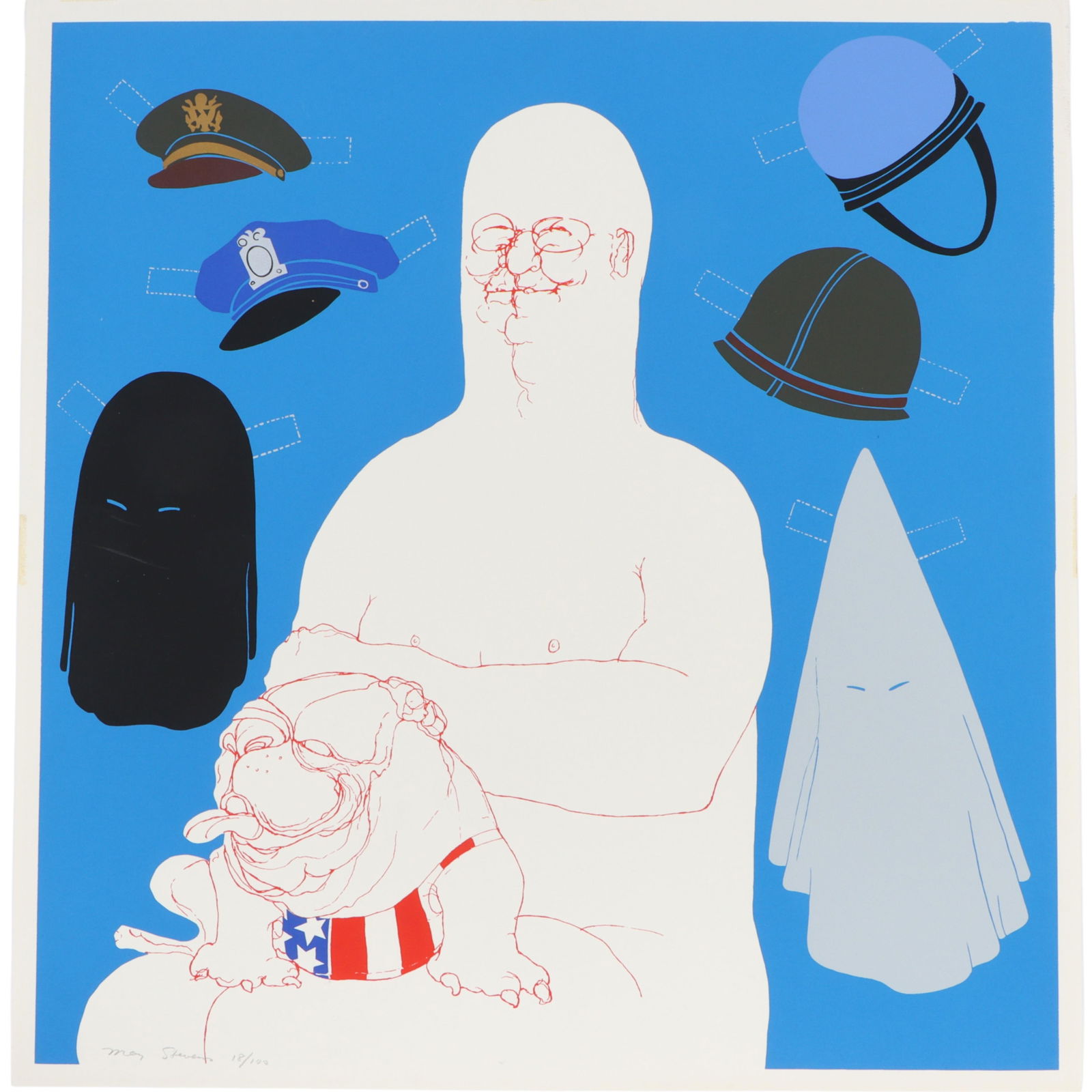 May Stevens, American (1924-2019), Big Daddy with Hats, 1971, serigraph, 23"H x 22 1/4"W (1 of 8)
