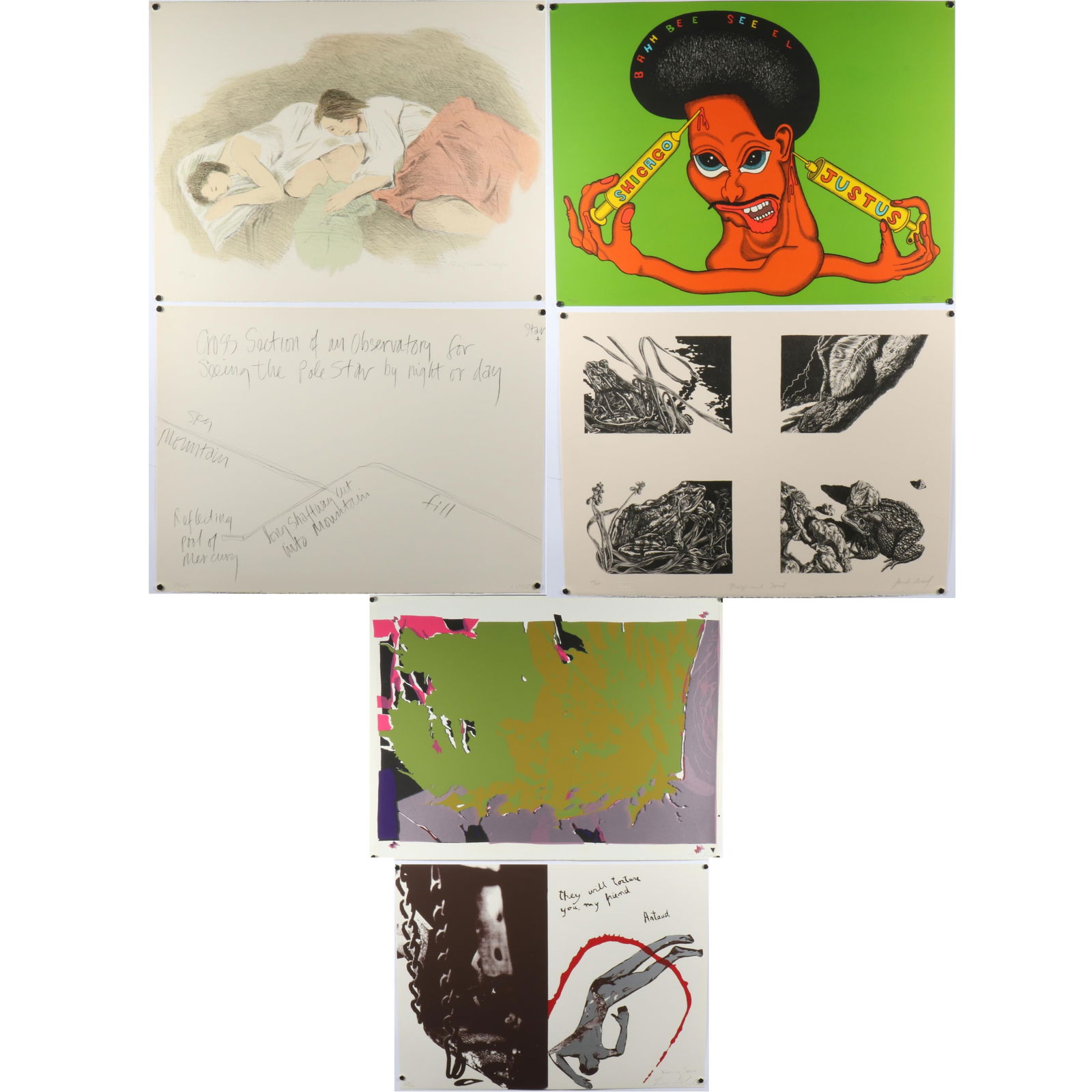 Six prints from "Conspiracy: the artist as witness", 1971 portfolio incl. Peter Saul. 18"H x 24"W: Six prints from "Conspiracy: the artist as witness", 1971 portfolio incl. Peter Saul. Color lithographs and serigraphs, all Pencil signed and numbered 59/150. Includes: 3 cover pages and artwork by Pe