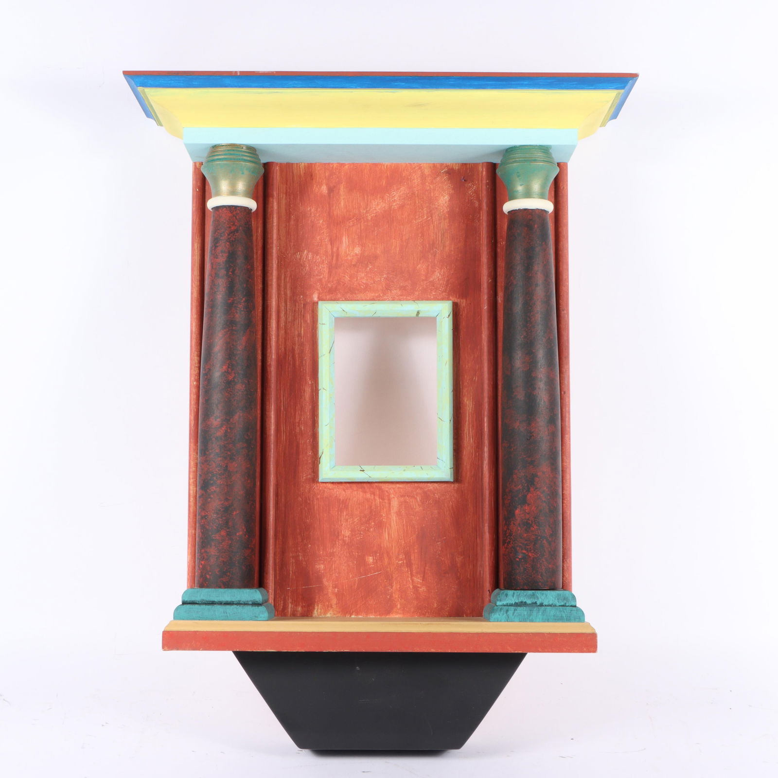 Rob Dickinson, American (20th century), Janus Ball, 1992, polychrome folk art altar shrine, painted: Rob Dickinson American (20th century) Janus Ball, 1992, polychrome folk art altar shrine painted wood sculpture with columns and niche signed and dated verso. 30 3/4"H x 23 1/2"W