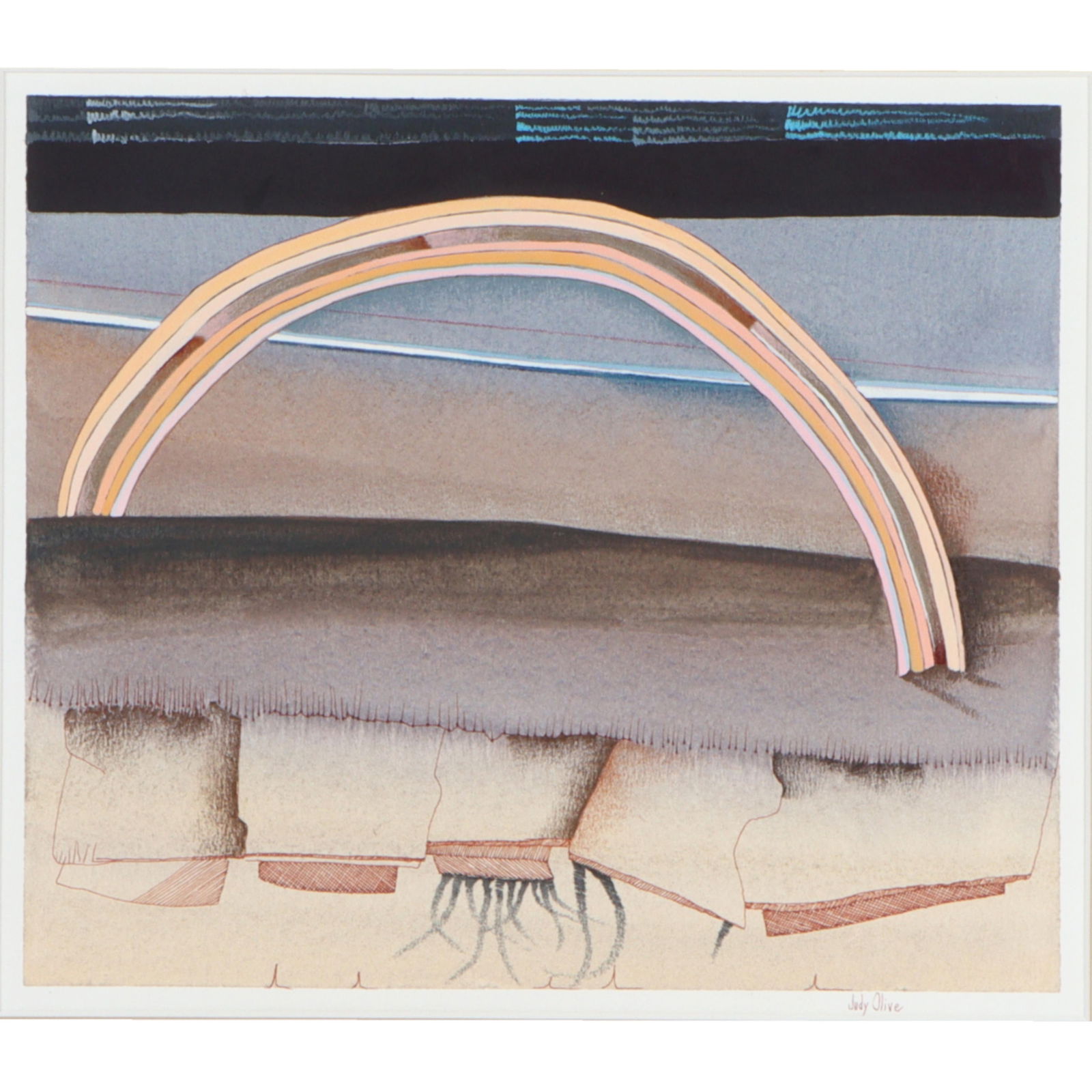 Judy Olive, American (20th/21st Century), abstract, mixed media watercolor and ink on watercolor: Judy Olive American (20th/21st Century) abstract mixed media watercolor and ink on watercolor board Signed lower right. Judy Olive (Watercolor Artist): Known for original, whimsical watercolor landsca