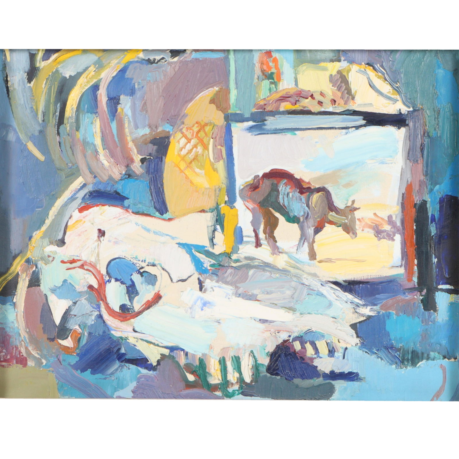 George McCullough, Indiana (1937 - 2005), still life with cow skull, interior scene, oil on canvas,: George McCullough Indiana (1937 - 2005) still life with cow skull, interior scene oil on canvas estate stamp verso. Provenance: from the estate of George McCullough Biography from the Archives of askA